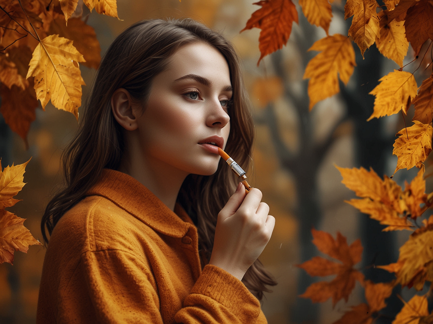 An autumn atmosphere with a woman wearing warm colors, applying natural oils to her skin as the leaves change color, highlighting seasonal beauty transformations.