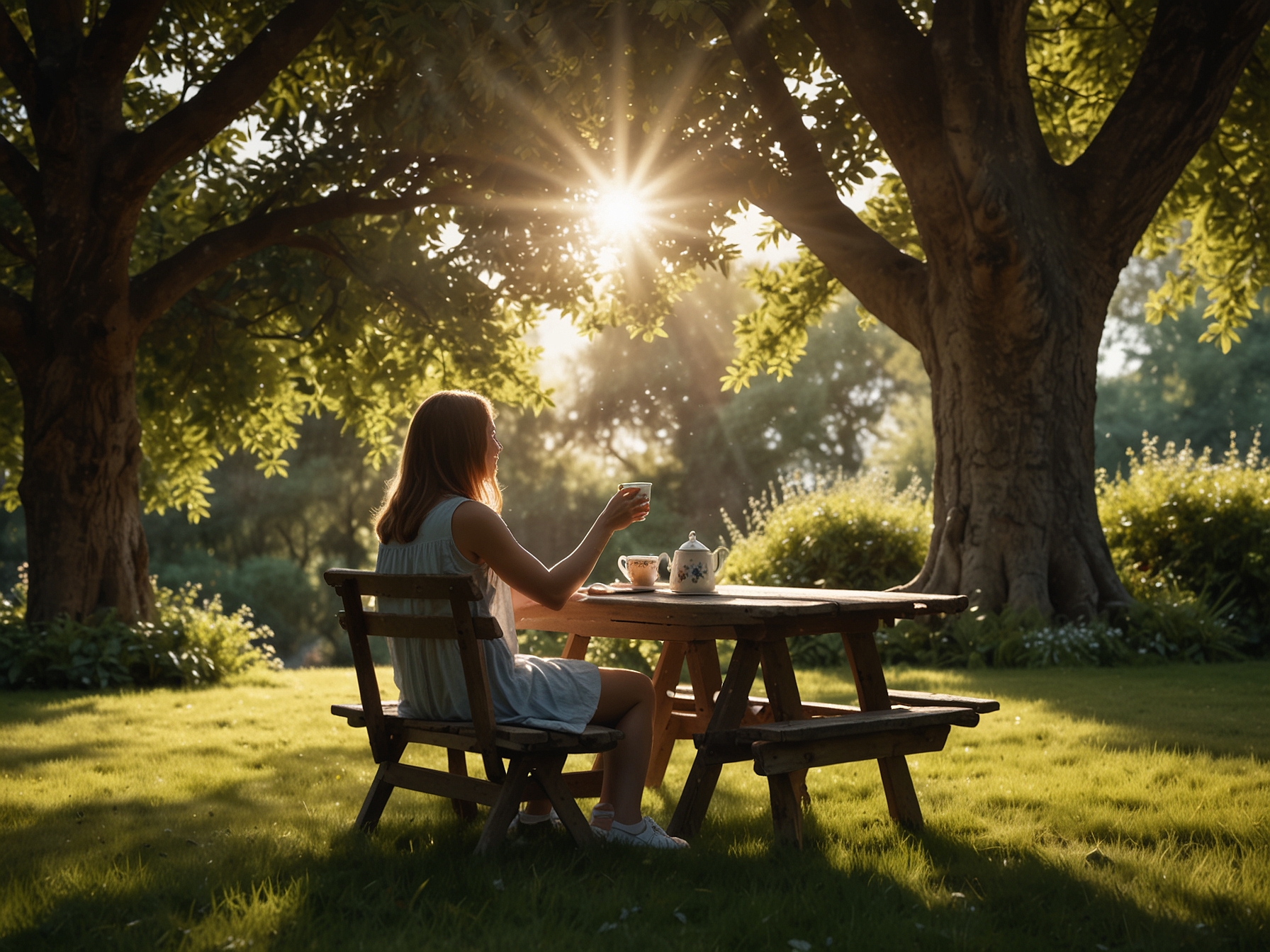 A serene scene of a person enjoying a cup of tea in a peaceful garden, symbolizing the joy of small pleasures in life. The sunlight filters through trees, creating a warm, inviting atmosphere.