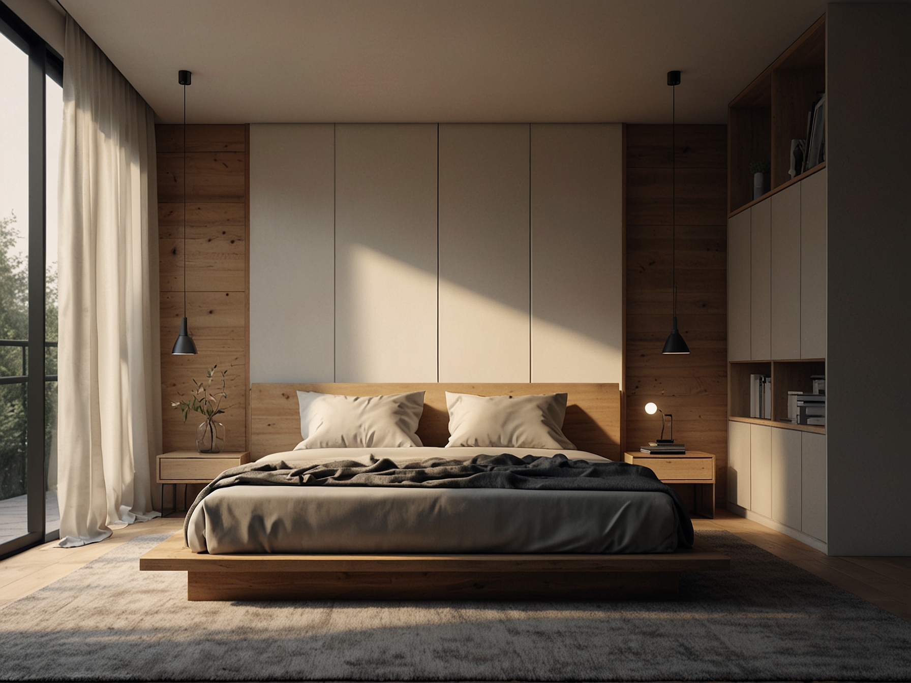 A tidy, minimalistic bedroom showcasing the concept of decluttering and the feeling of comfort it brings. The design is stylish yet simple, reflecting a peaceful living space.