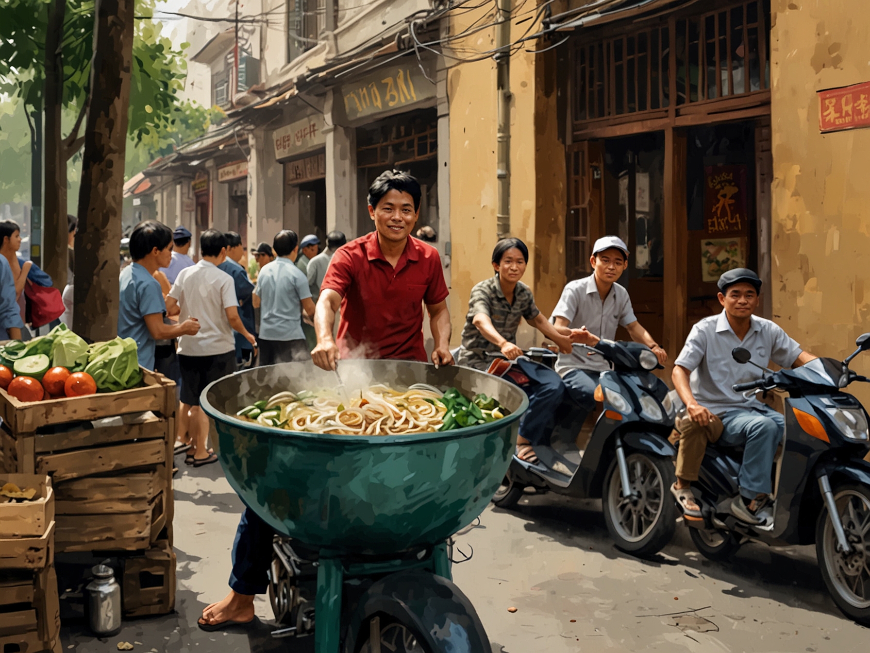 An inviting bowl of Vietnamese pho steaming in hustle and bustle of Hanoi street, symbolizing cultural richness through cuisine and a memorable travel experience to savor.