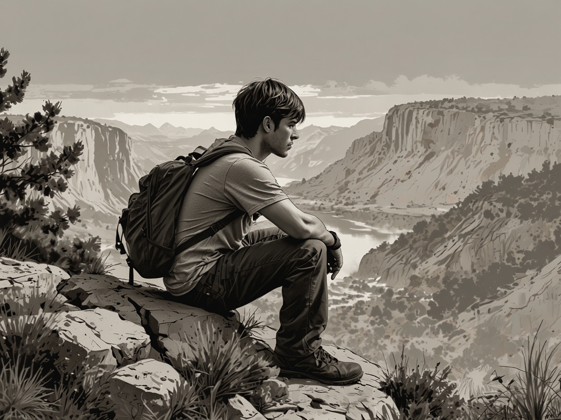 A solo traveler sitting on a cliff, engulfed by nature, reflecting on life and adventures, encapsulating the essence of self-discovery through solo travel.