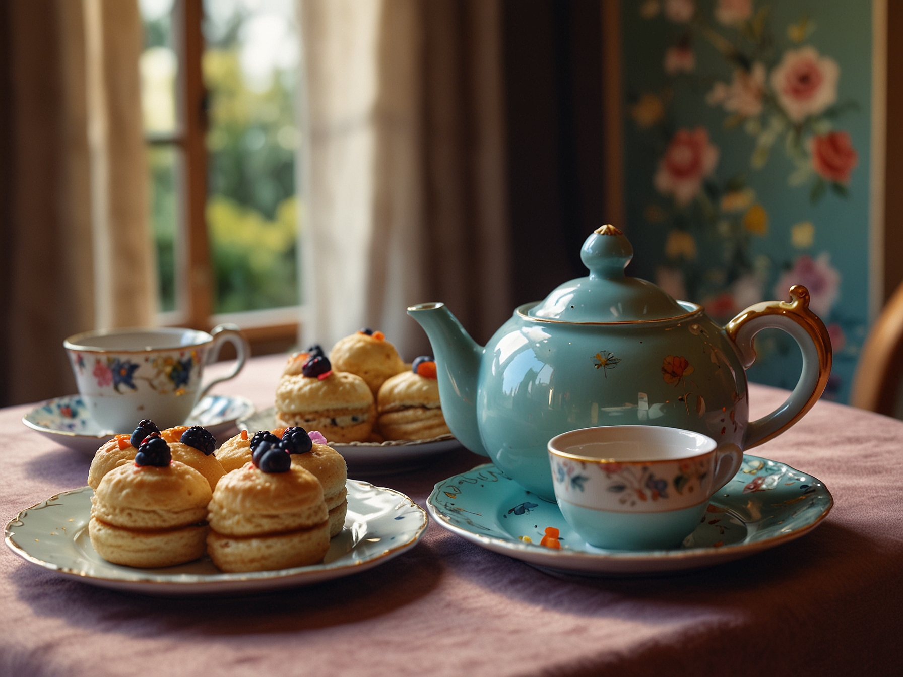 A cozy afternoon tea setting featuring an intricate teapot, delicate teacups, and an array of colorful pastries, inviting guests to relax and enjoy.