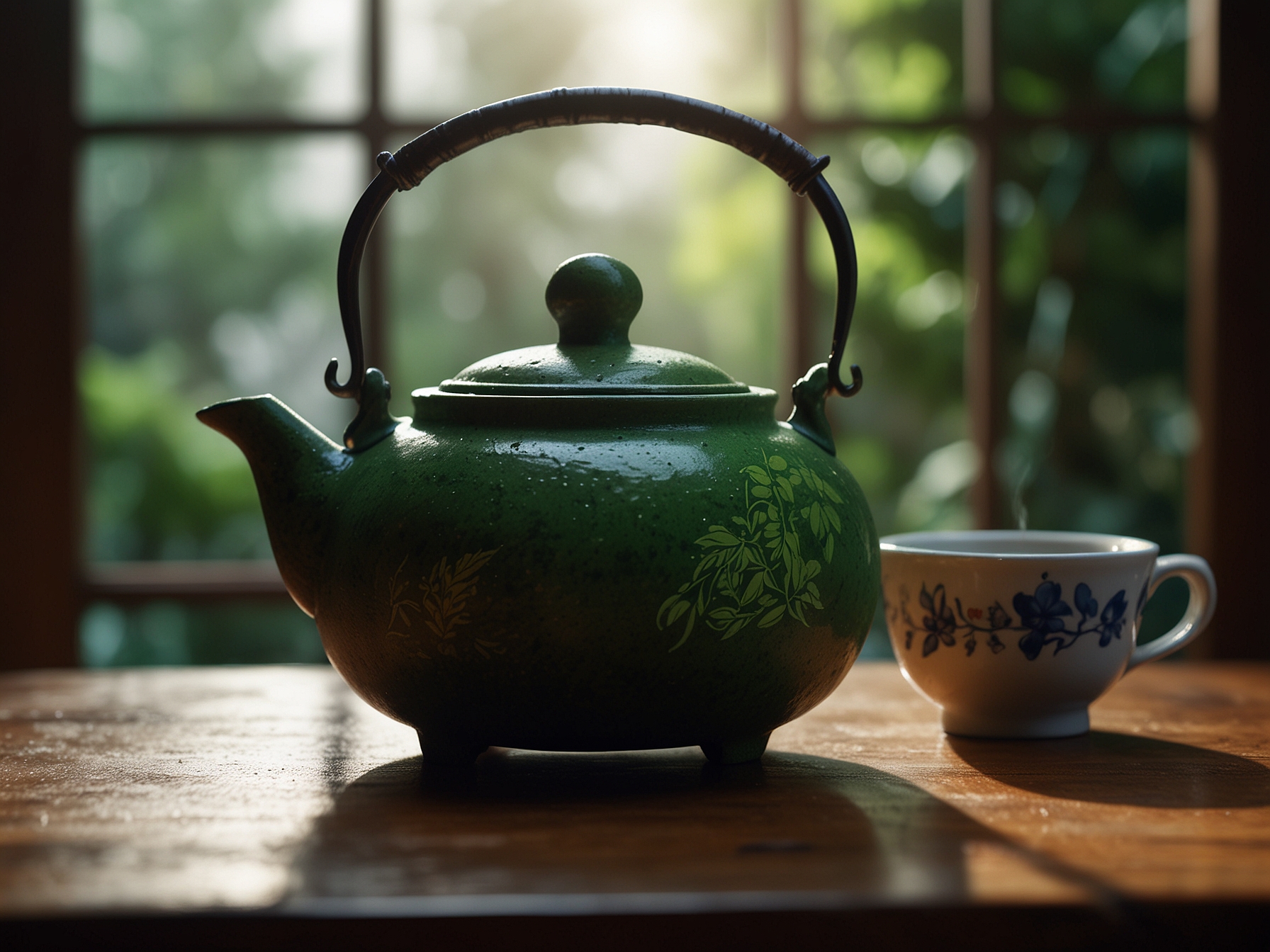 A close-up of a traditional Vietnamese teapot pouring steaming green tea into a cup, with soft, natural light enhancing the lovely ambiance of the tea moment.