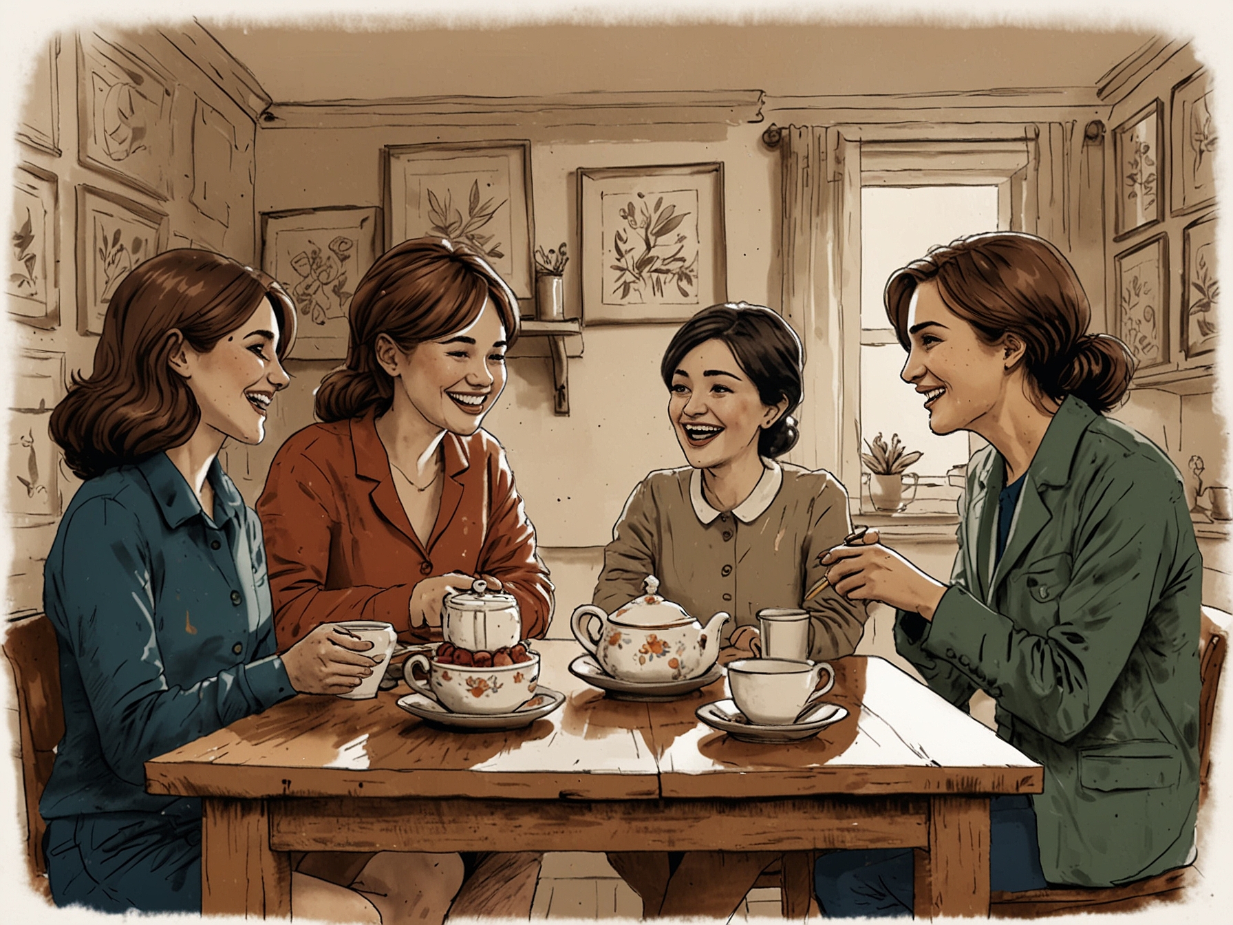 A group of friends gathered around a wooden table, laughing and sharing stories over cups of tea and beautifully arranged snacks, showcasing the social aspect of afternoon tea.