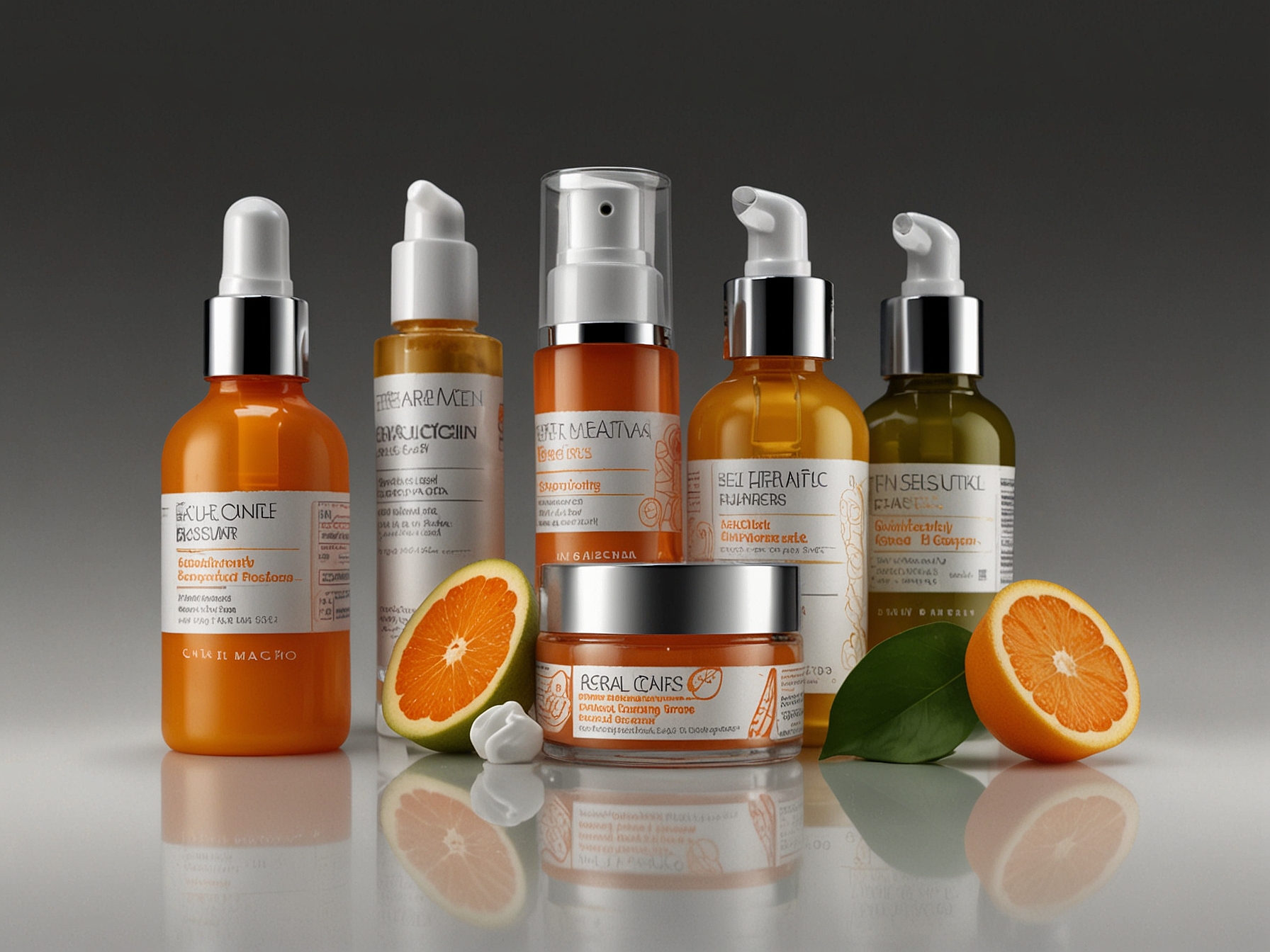 An array of natural skincare products, including serums and creams, showcasing the key ingredients like Vitamin C that nourish and protect the skin from environmental damage.