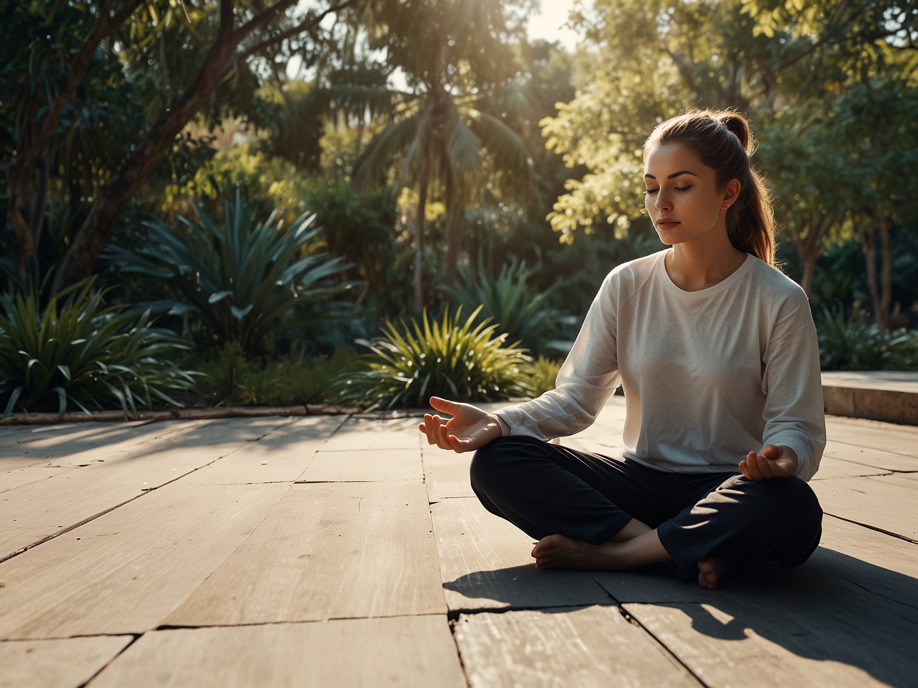 A person practicing meditation or yoga in a tranquil environment, demonstrating how relaxation techniques combat stress and promote healthier skin.