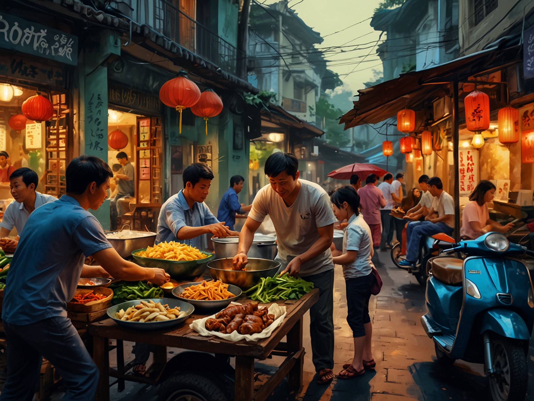 A bustling street food scene in Hanoi, with local vendors selling delicious Vietnamese dishes, surrounded by vibrant colors and eager tourists savoring unique flavors.