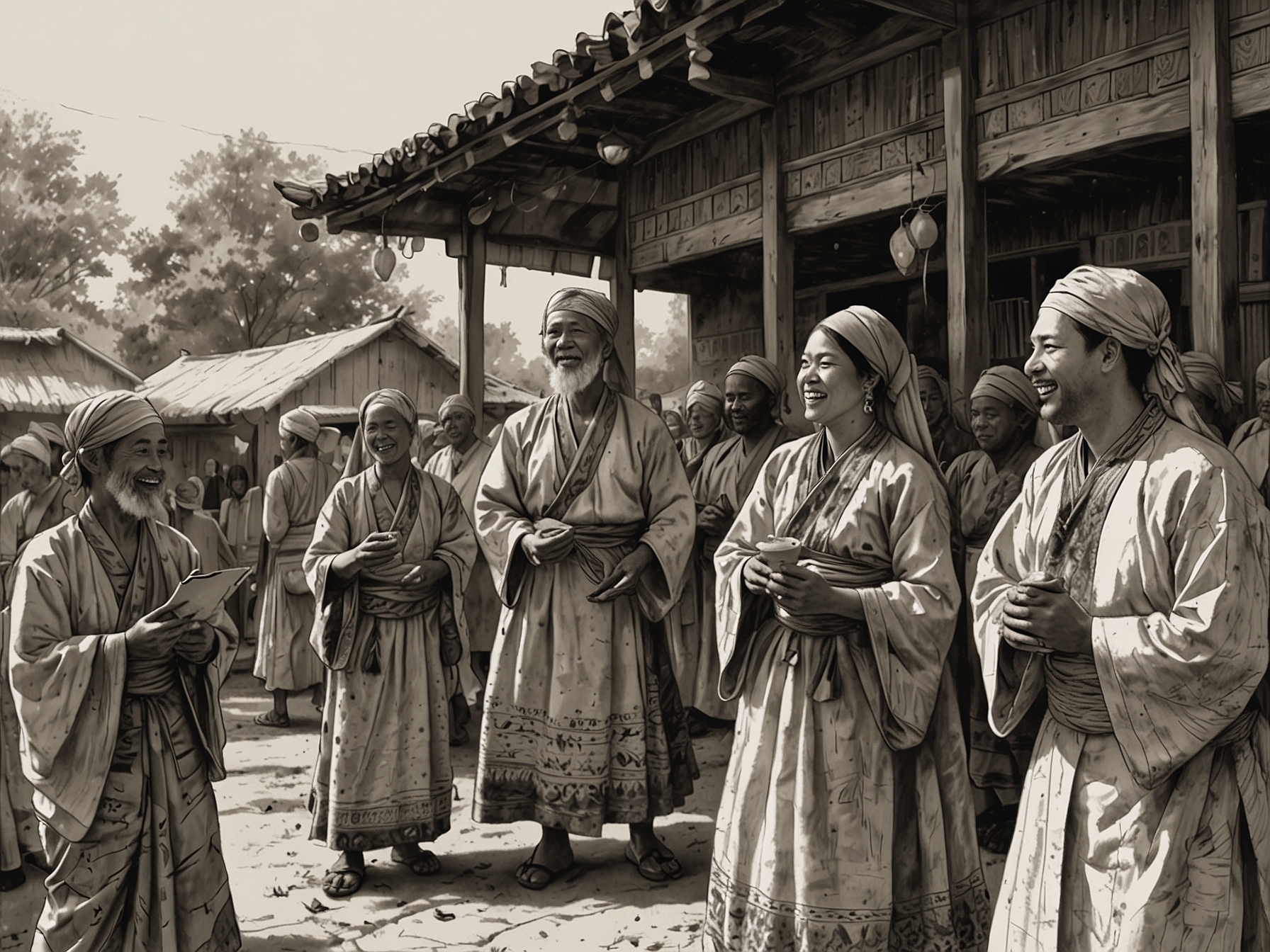 A moment captured at a local festival, where people are celebrating, adorned in traditional clothing, filled with joy and vibrant cultural expressions.