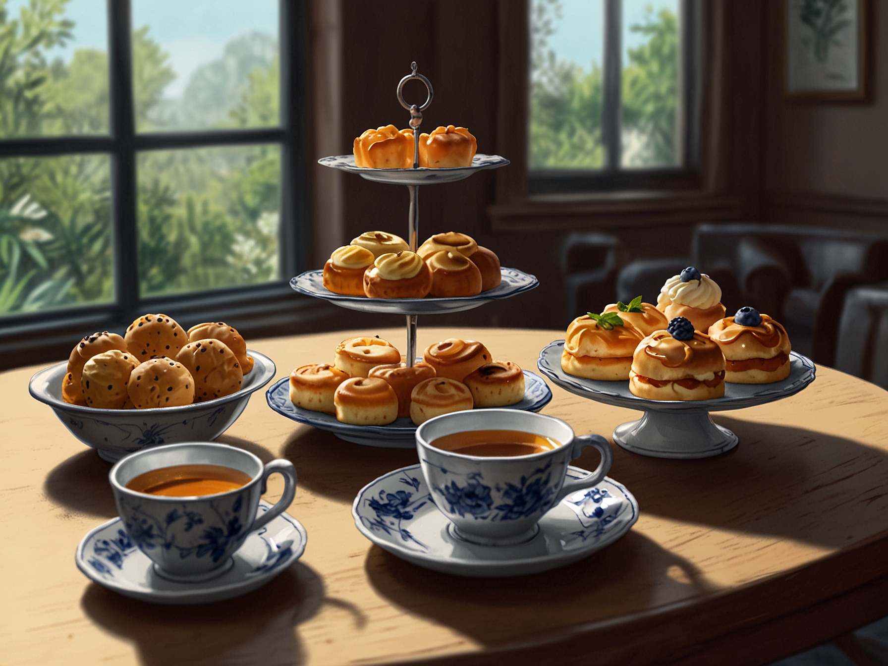 A beautifully arranged tea table showcasing various types of tea and delicately presented pastries, inviting a serene afternoon experience.