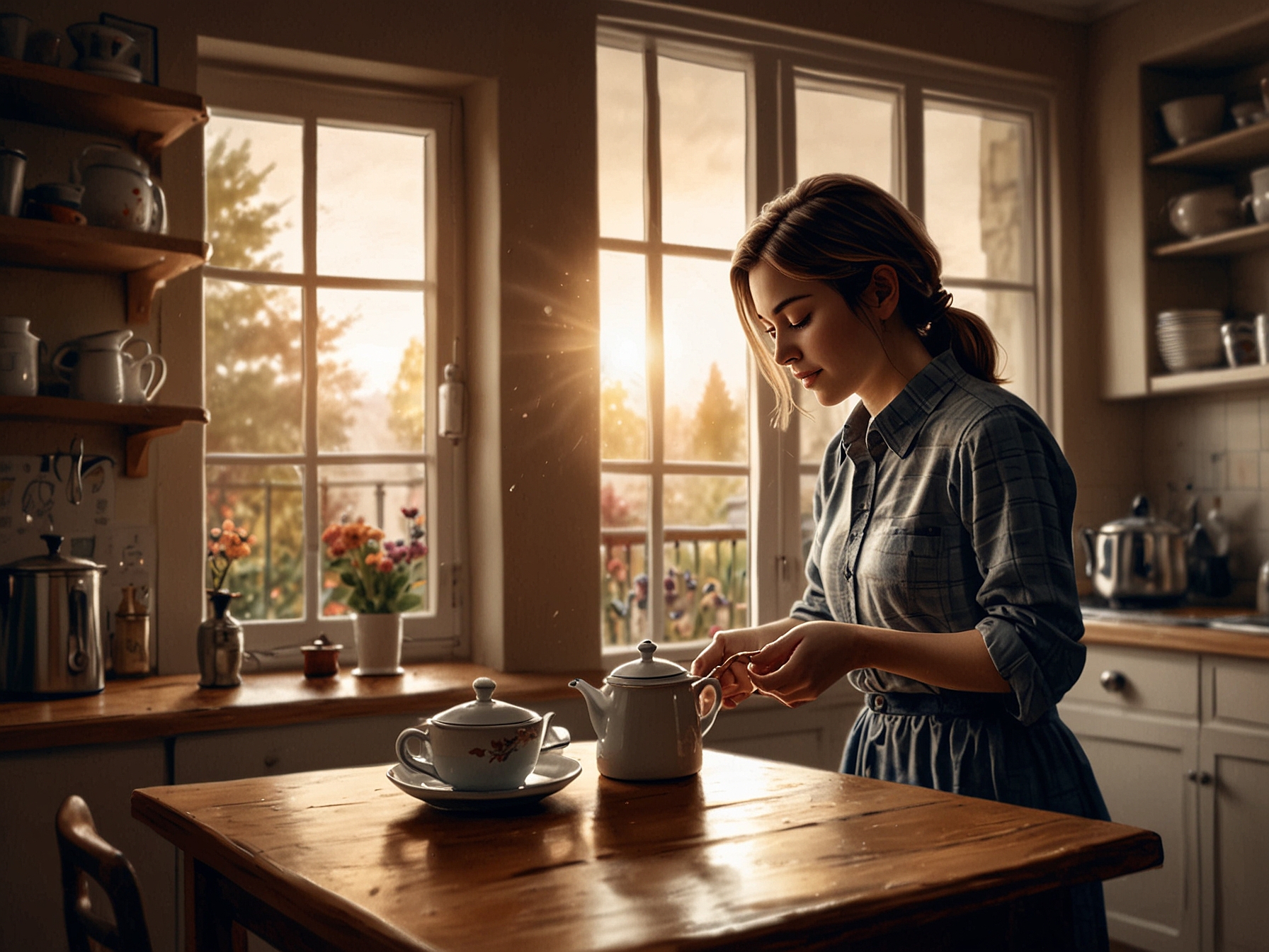 A cozy kitchen scene with a person pouring freshly brewed tea into a delicate cup, surrounded by the warmth of home and the sound of boiling water.