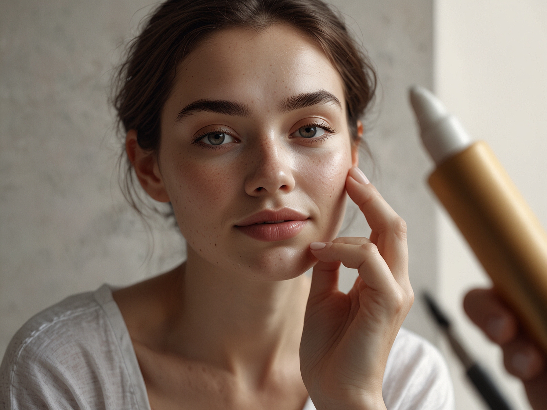 A serene setting where a person is applying a serum to their face, illustrating a nurturing self-care routine that creates a vibrant and radiant complexion.