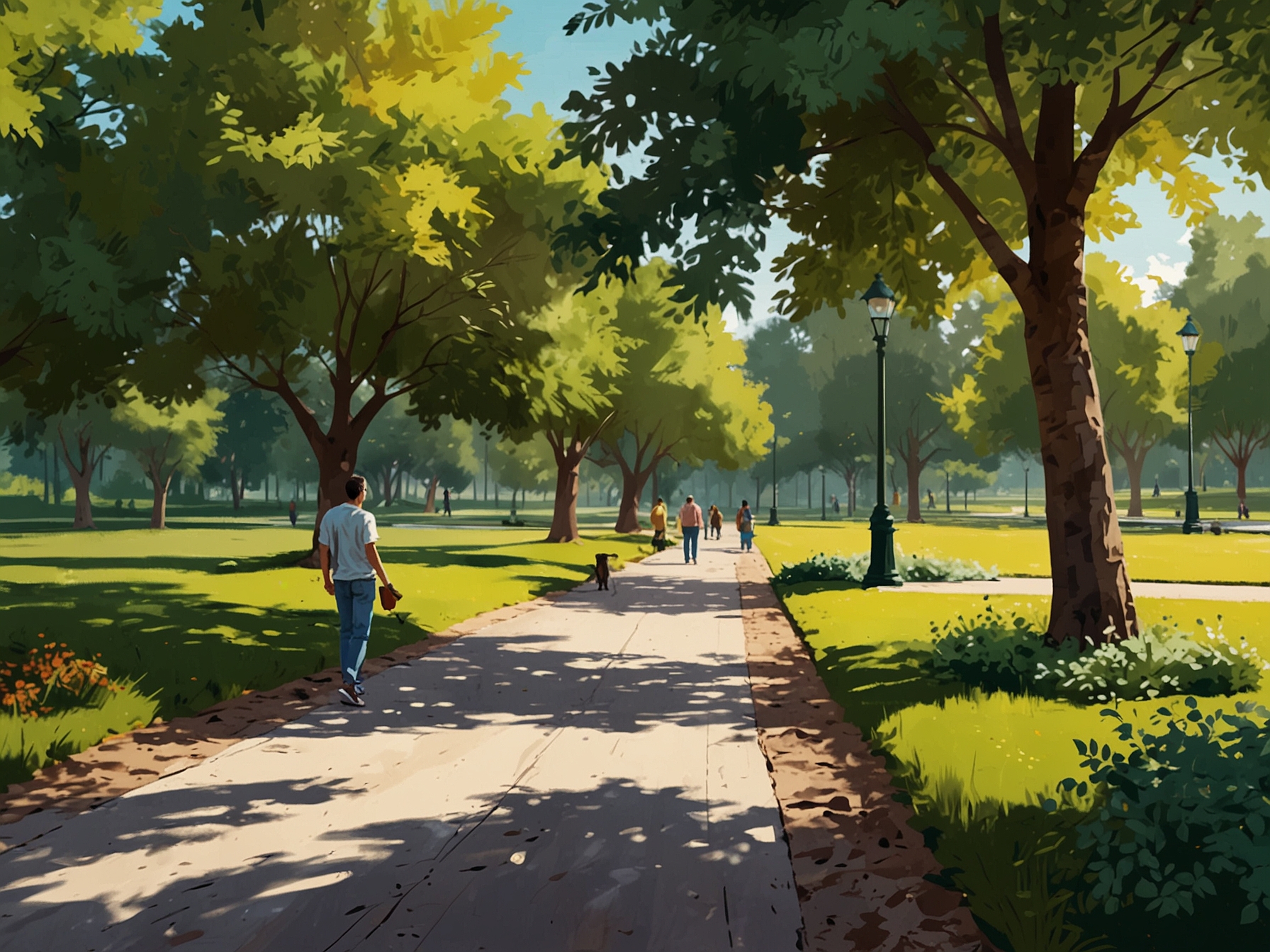 A serene park scene where individuals are enjoying a walk or meditation, embodying the concept of living beautifully and peacefully in a modern world. Bright colors and greenery reflect a tranquil atmosphere.