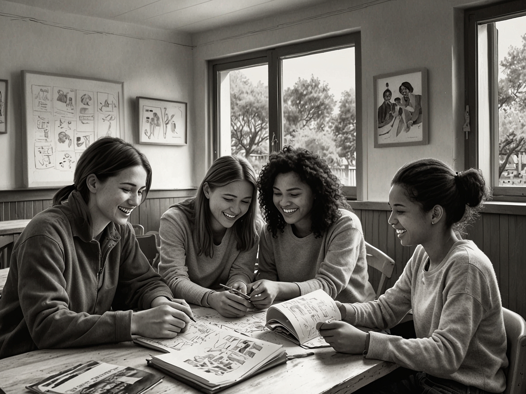 An image of a group engaging in community activities, such as volunteer work or reading together in a cozy setting, showcasing the power of connections and relationships in fostering happiness and joy.