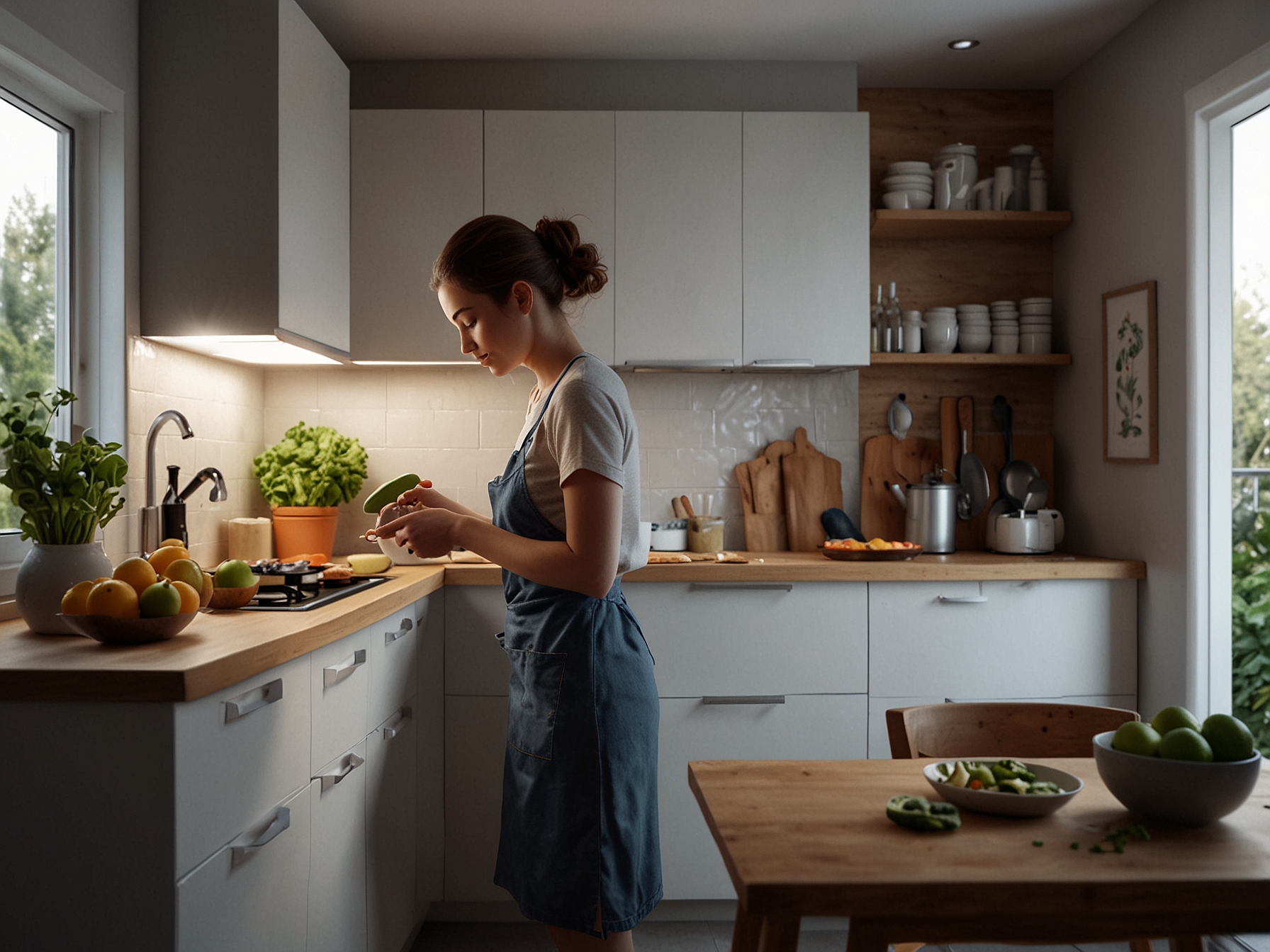 A cozy kitchen scene where someone is preparing healthy meals, highlighting the importance of nurturing one's body and maintaining healthy habits to enhance personal happiness and contentment.