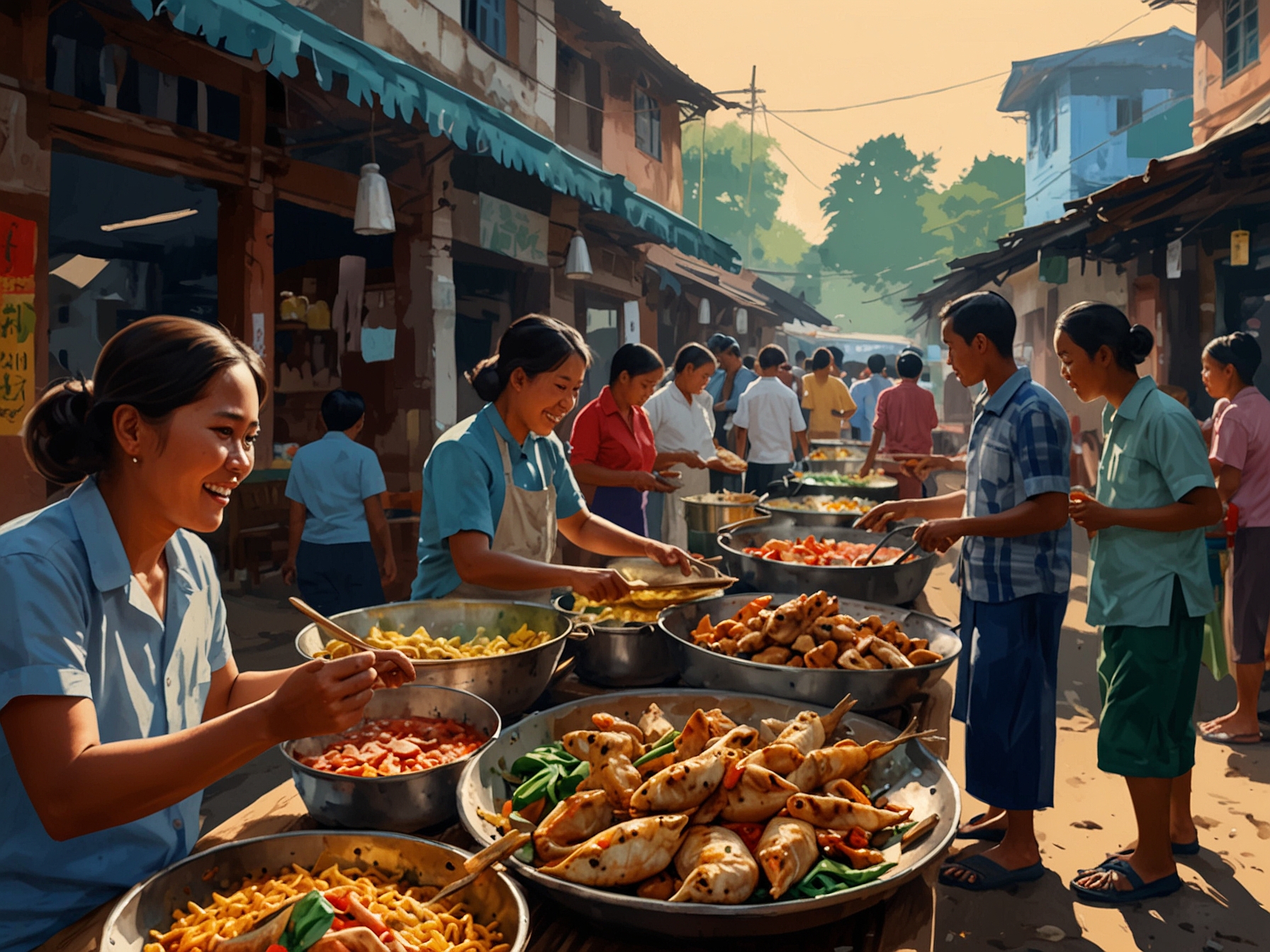 A glimpse into the rich cultural heritage of Mandalay, displaying traditional artisans at work crafting paper, wood carvings, and pottery, highlighting Myanmar's artistic traditions.