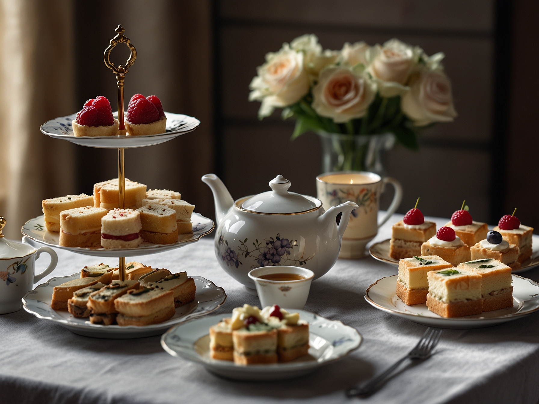 A cozy garden corner with a small table filled with assorted teas, pastries, and sandwiches, creating an inviting atmosphere for friends to gather and chat.