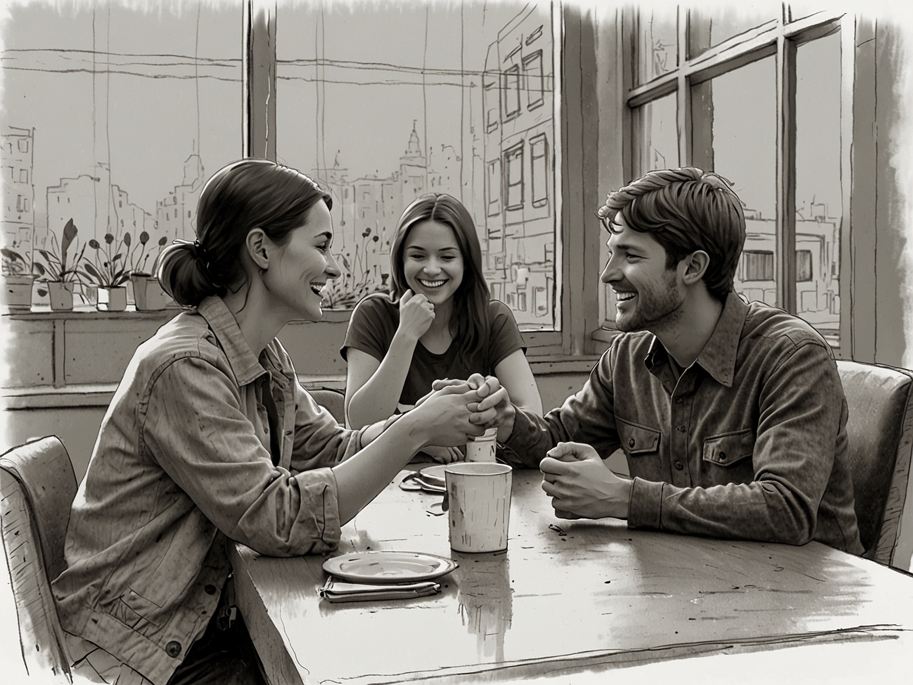 A person sitting at a small café, sipping coffee while observing the bustling street outside, capturing the joy of simple pleasures and new experiences.