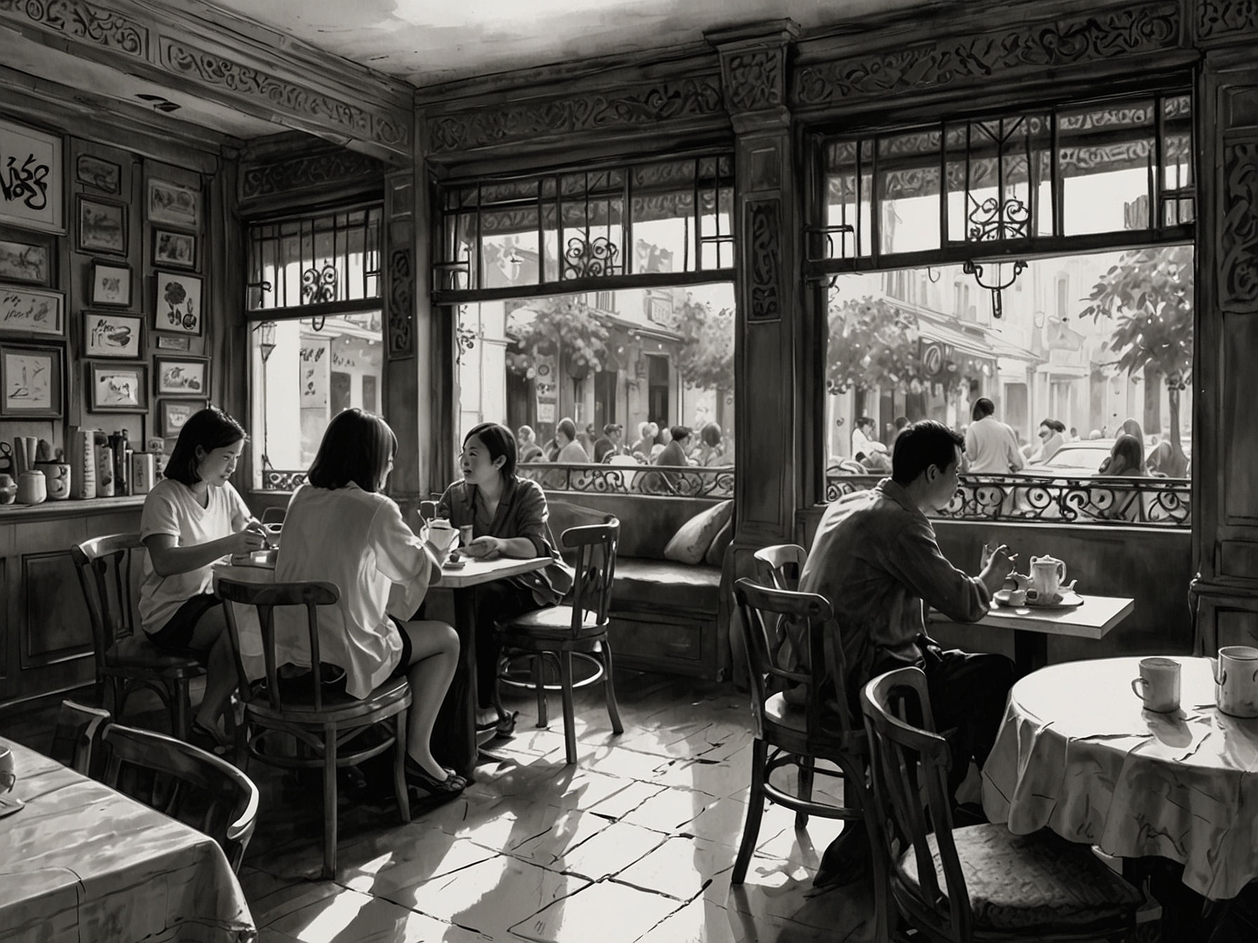 A beautifully arranged tea setting on a table, featuring traditional Vietnamese tea cups and an array of delicate Vietnamese pastries, creating a warm, inviting atmosphere.