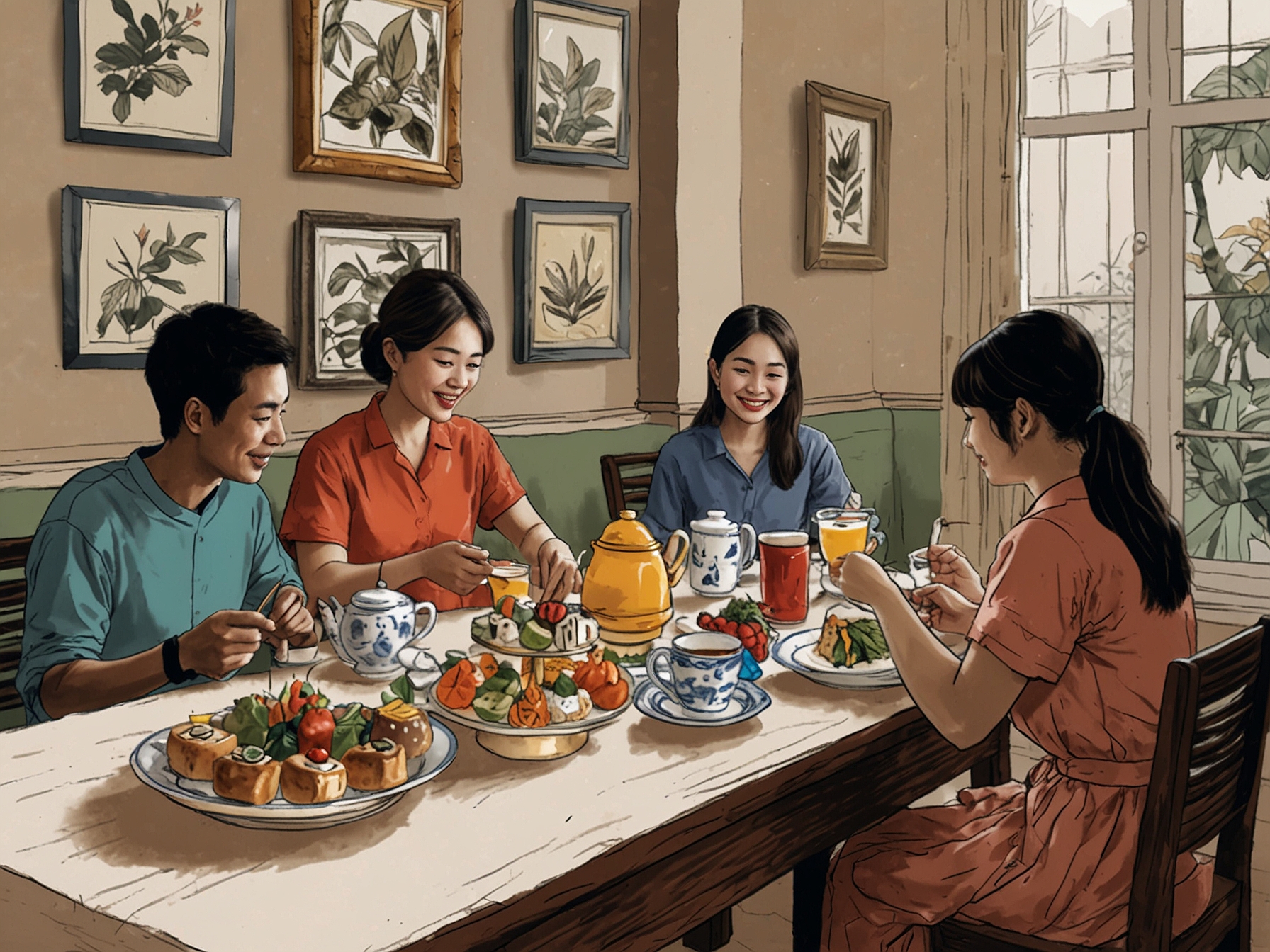 A family gathered around a table enjoying afternoon tea together, showcasing the bonding moments as they share stories and laughter after a home-cooked meal.