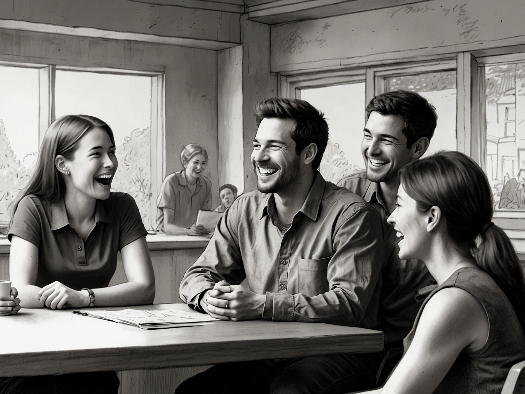 Two people sitting at a quiet café, engaged in deep conversation. The joy in their expressions signifies a strong connection being formed over a cup of coffee.