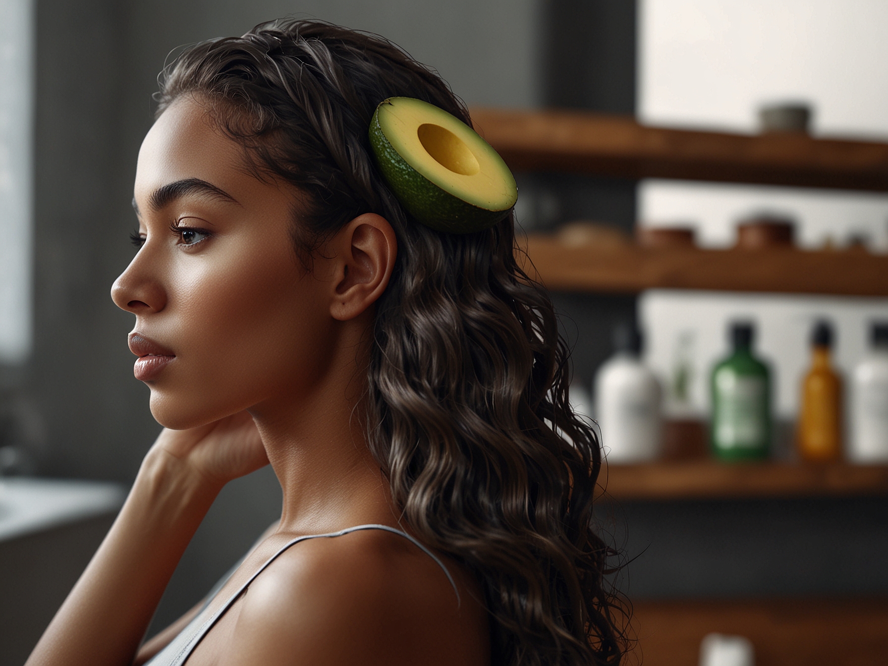 A well-arranged shelf featuring a variety of natural hair care products such as organic shampoos, conditioners, and hair oils, highlighting the importance of selecting the right products for hair care.