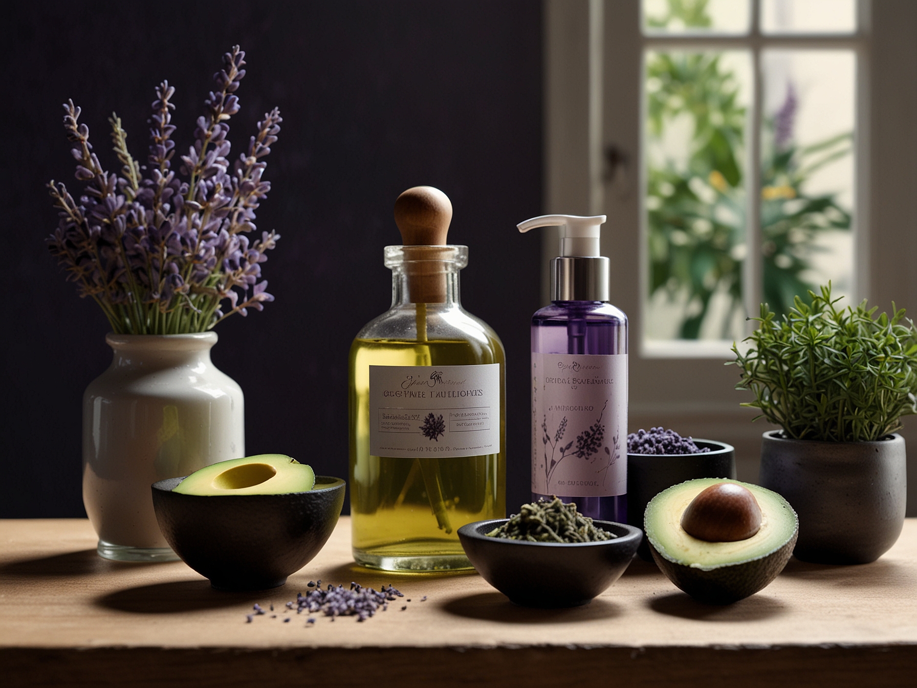 A colorful array of healthy foods, including fish, walnuts, and green vegetables, displayed on a wooden table, emphasizing nutrition's role in promoting healthy hair.