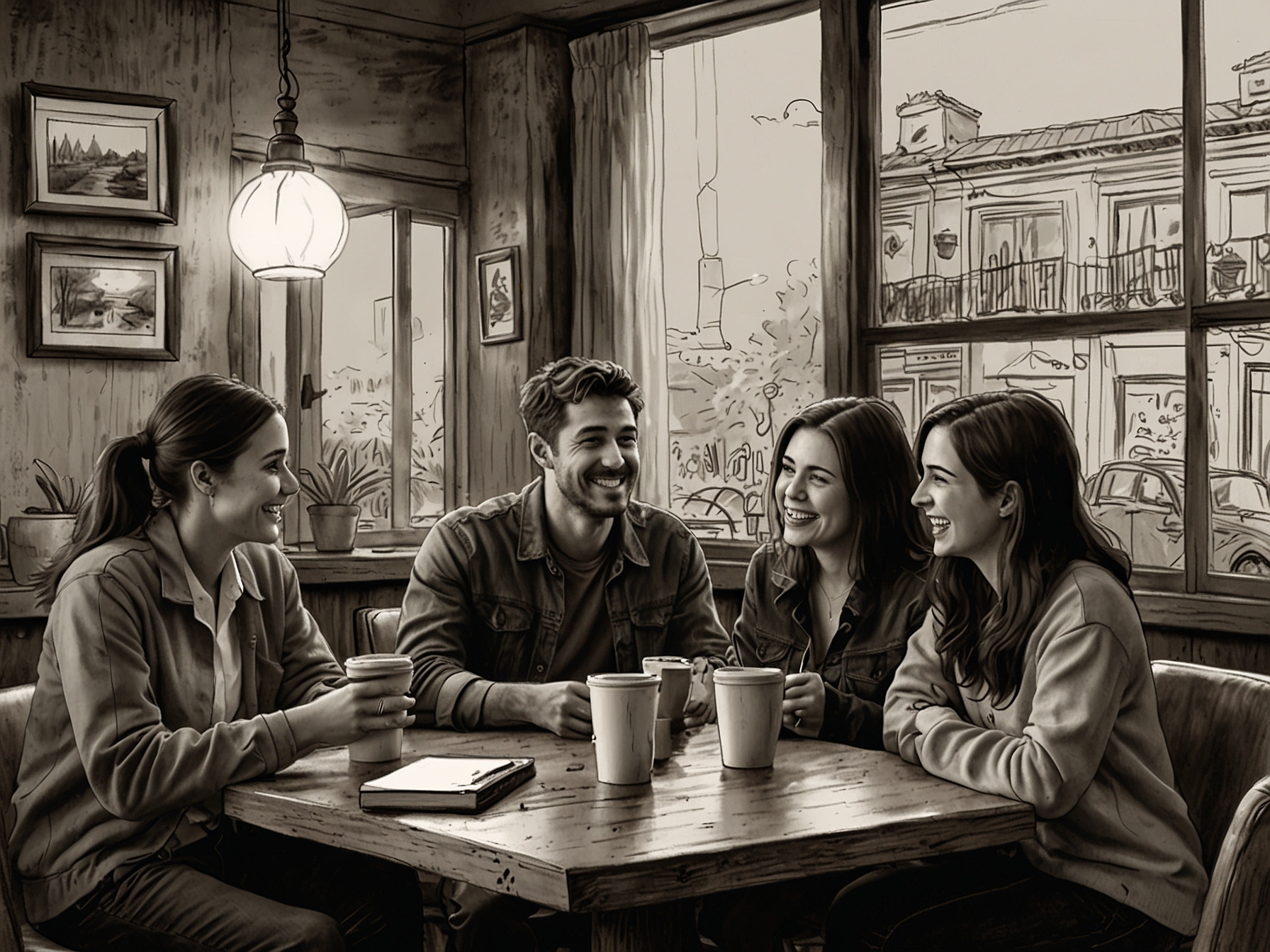 A young adult scrolling through social media on their phone, surrounded by friends who are also on their devices, illustrating the paradox of connectivity in a digital age.