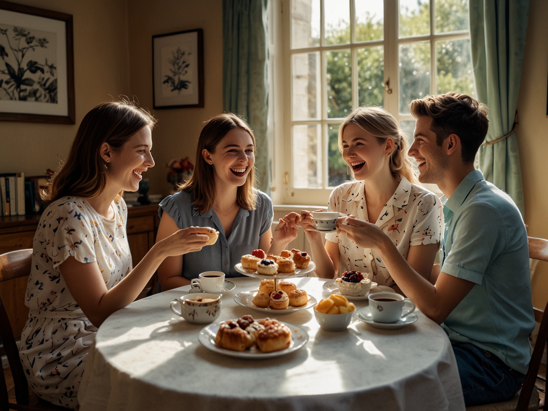 A serene tea setting with a teapot and delicate teacups placed on a beautifully decorated table, surrounded by ambient soft lighting, inviting relaxation and conversation.