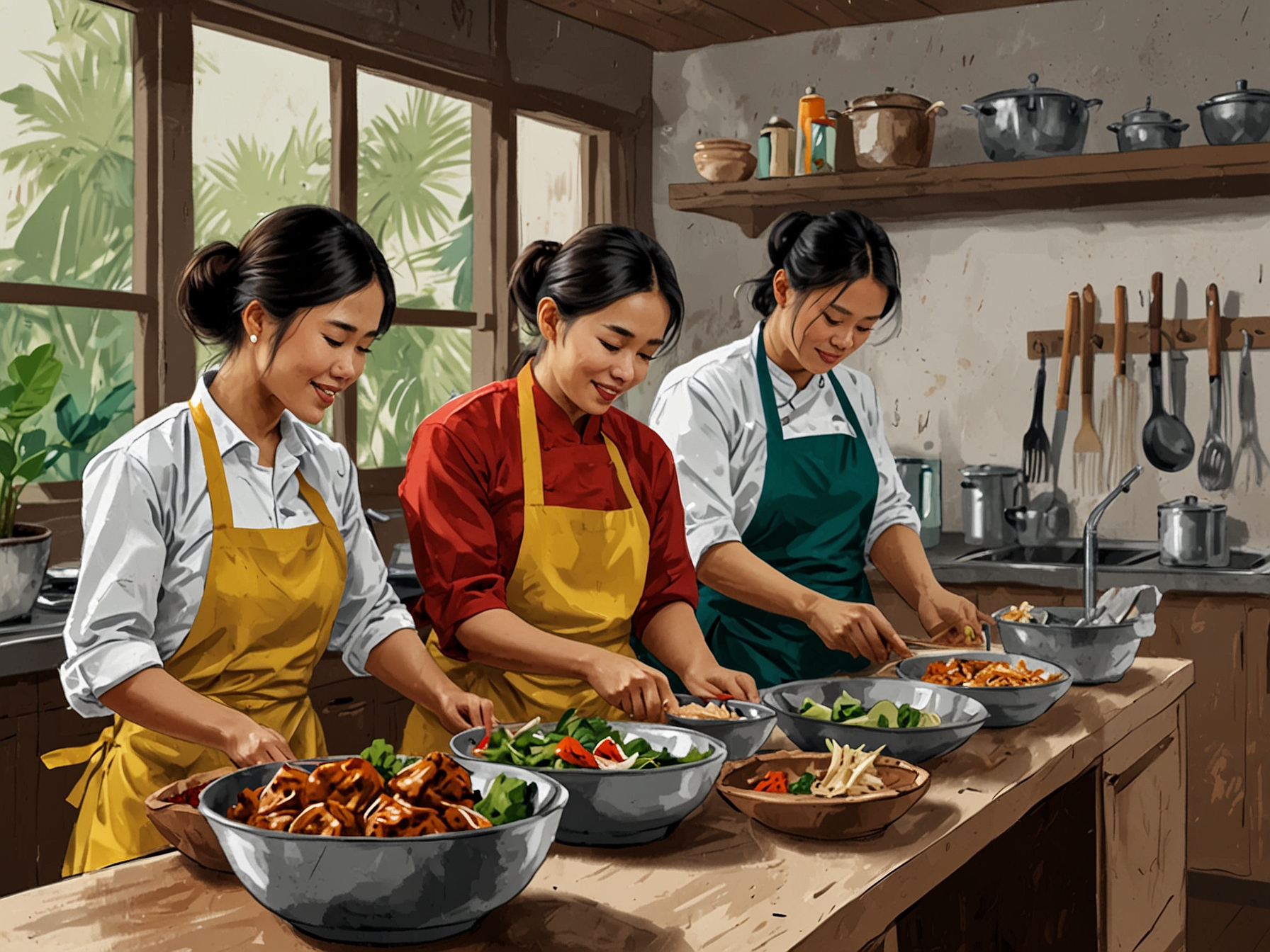 A warm family gathering around a dining table filled with traditional Vietnamese dishes like pho and banh xeo, highlighting the joy of shared meals.