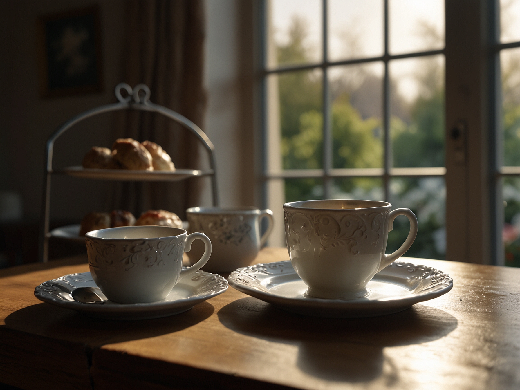 A group of friends sitting around a garden table, laughing and enjoying their afternoon tea, capturing the essence of friendship and relaxation.