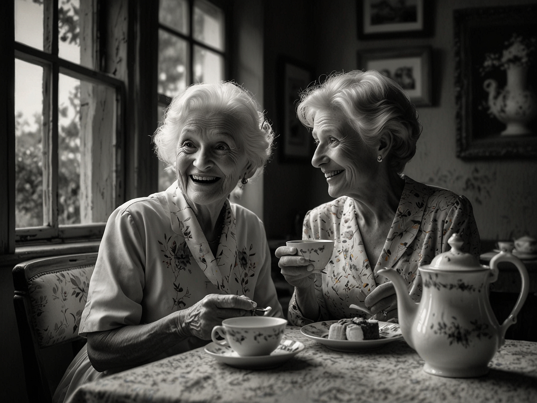 A serene window view with sunlight streaming in, highlighting a cup of steaming tea and a scone plate, embodying the tranquility of afternoon tea rituals.