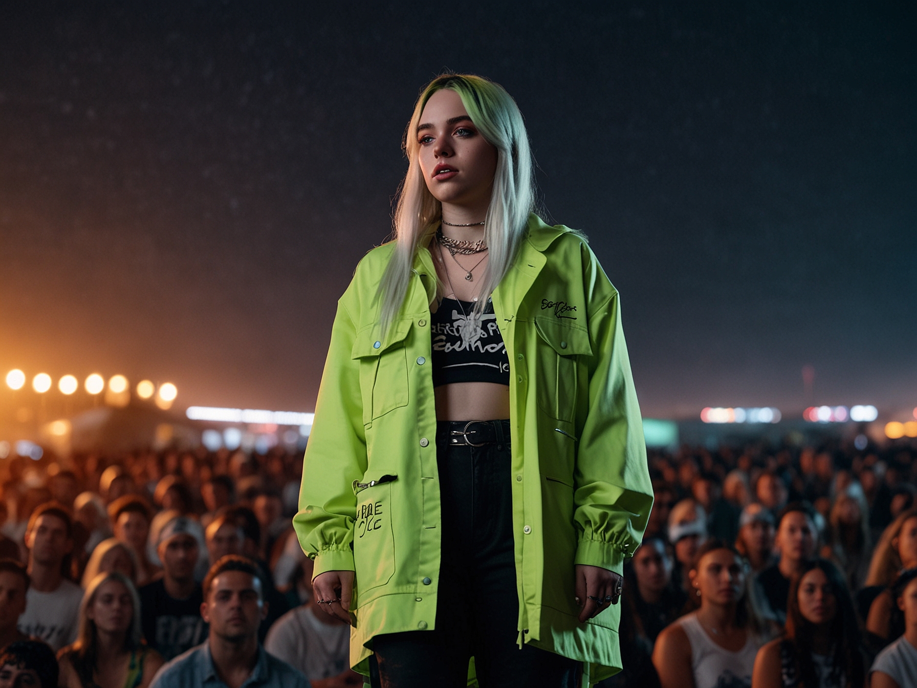 A massive crowd gathered at the Coachella music festival, showcasing a vibrant atmosphere filled with colorful lights and music. The excitement is palpable as fans connect through their shared love for music.