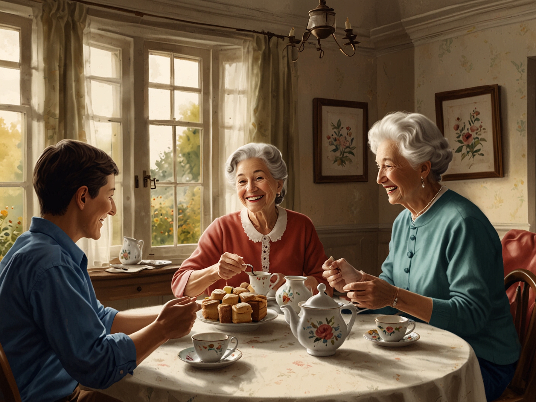 An inviting table set for afternoon tea, complete with an assortment of desserts and a backdrop of friends engaged in lively conversation over their tea.