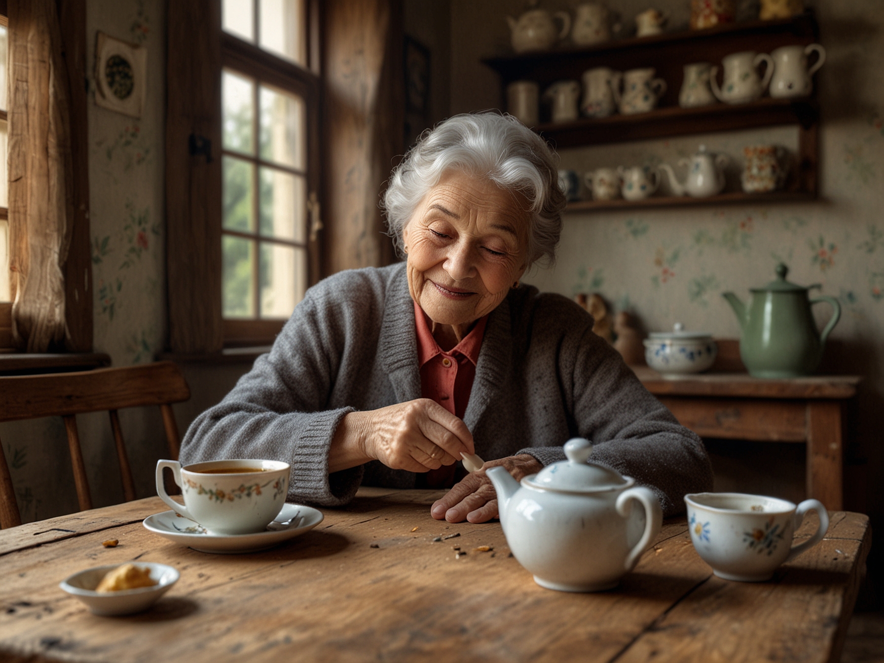 A cozy corner of a café, with friends enjoying their afternoon tea, laughter and conversation bringing warmth to the atmosphere.