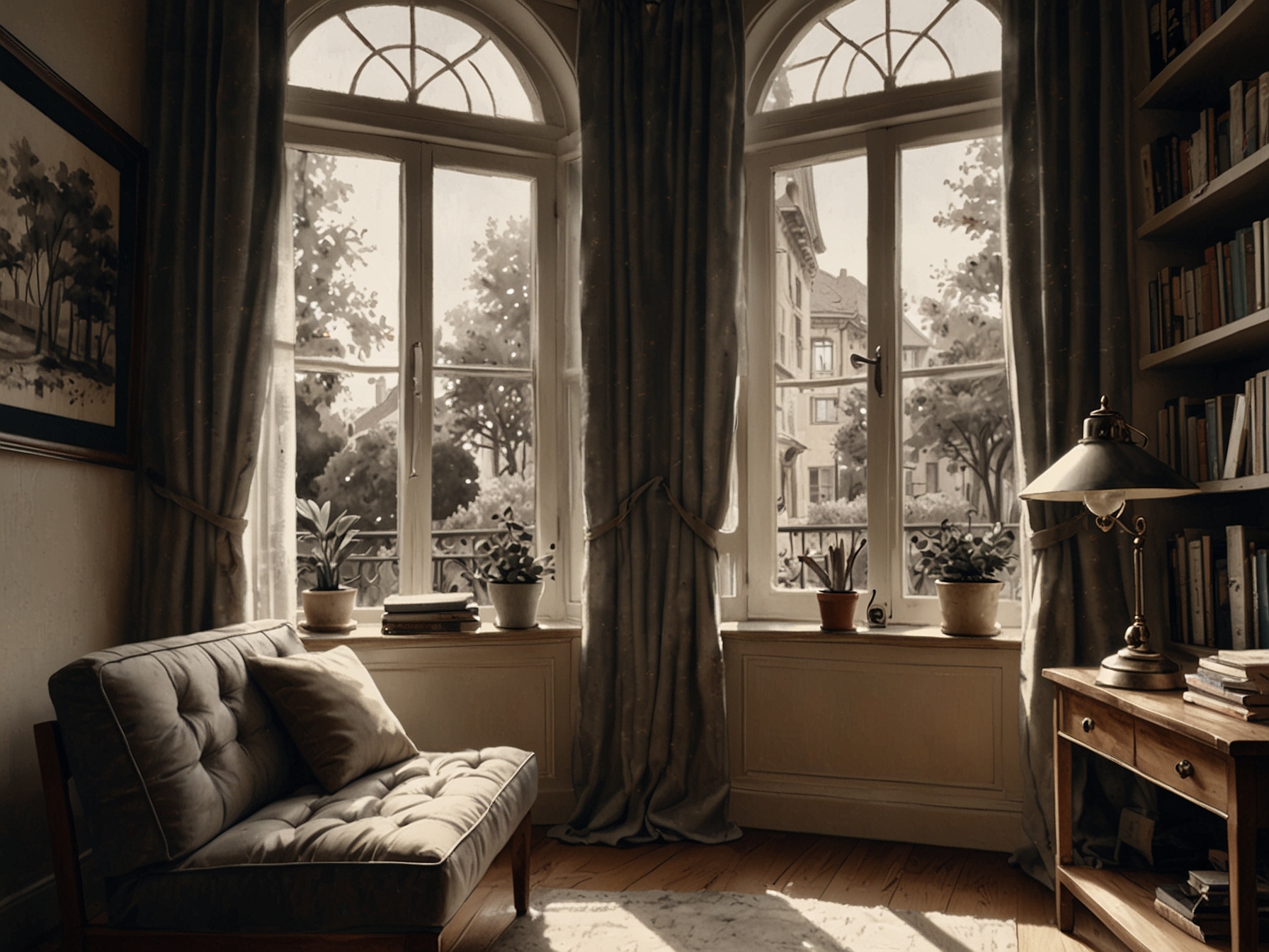 A serene living room featuring soft light blue walls, a comfortable sofa adorned with colorful cushions, and a small indoor plant, creating a peaceful and inviting atmosphere.