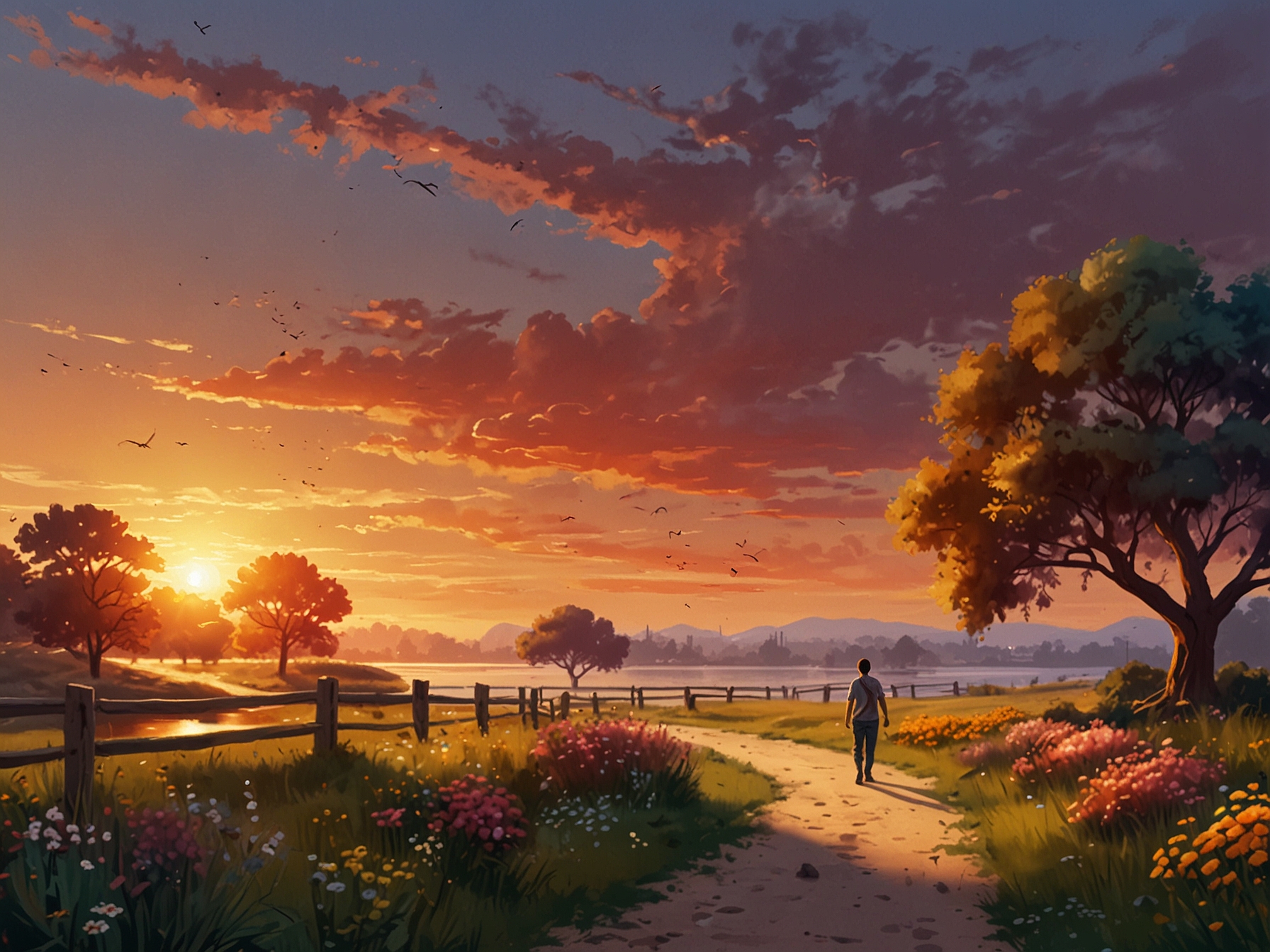 A beautiful sunset over a quiet park, where a person strolls along a path, enjoying the gentle breeze and fragrant flowers around them.