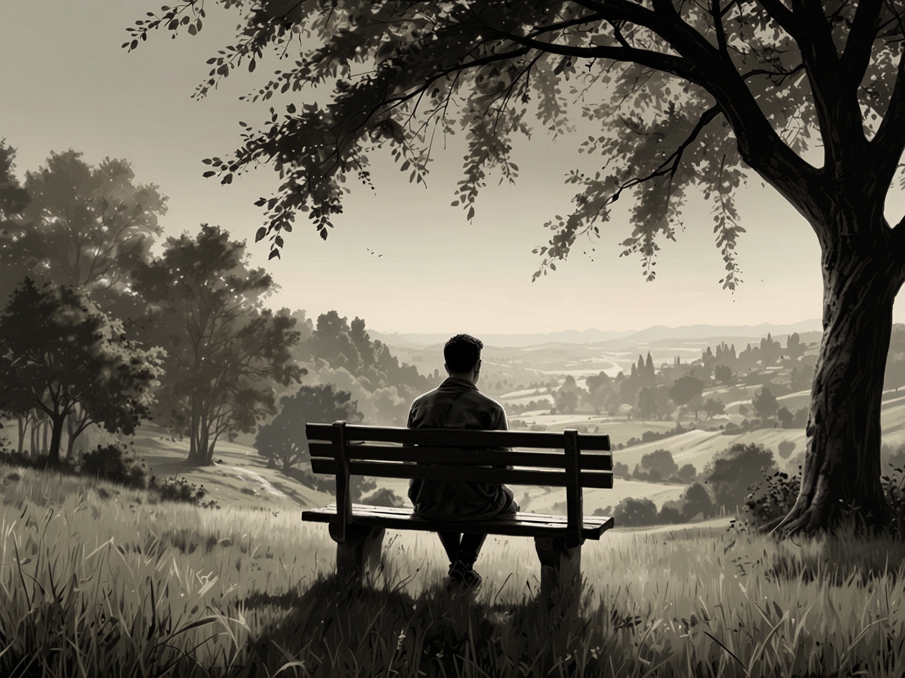 A lush green landscape in the countryside, with a person sitting on a bench, breathing in fresh air and gazing at the scenic view, recharging their spirit.