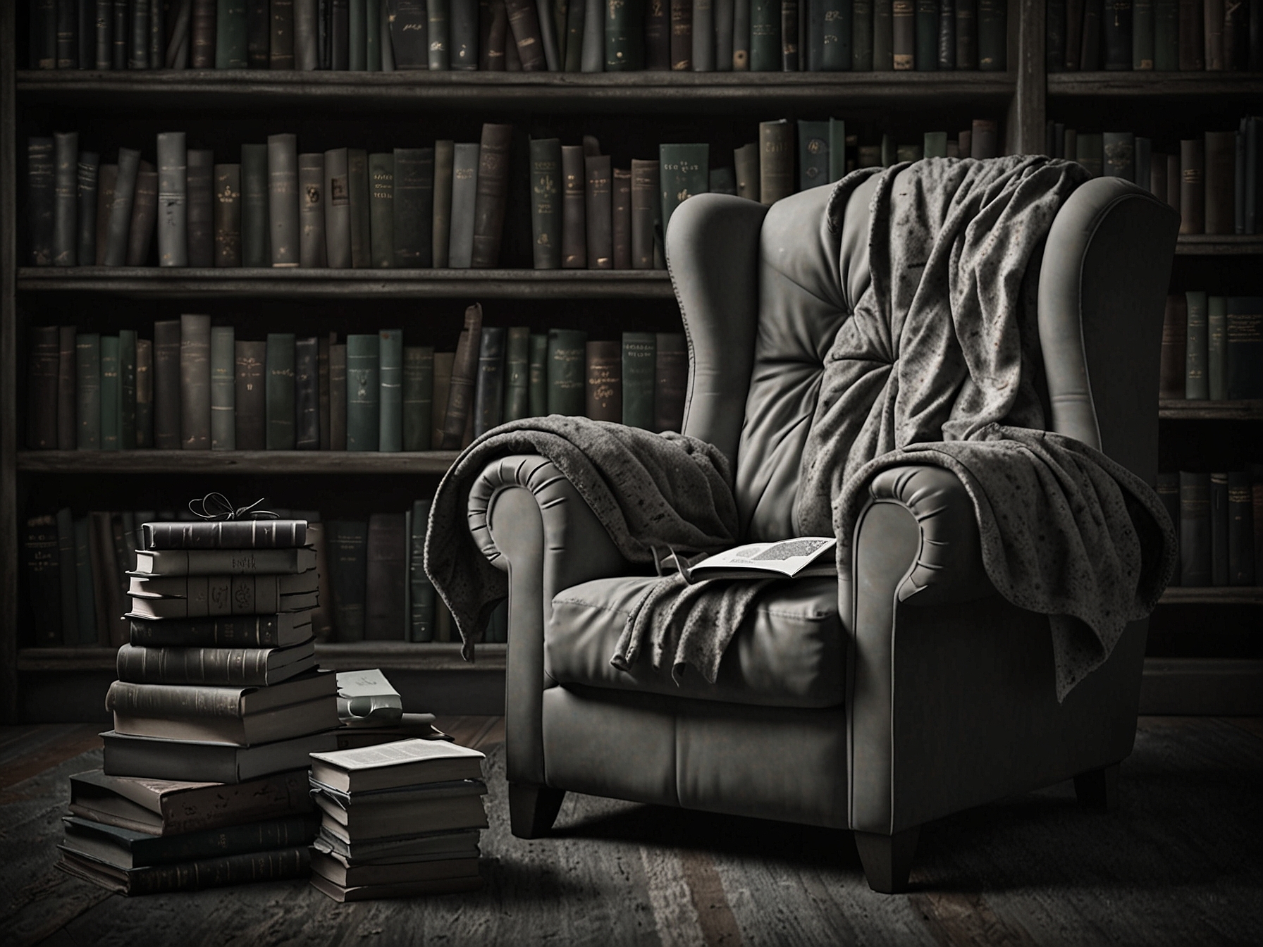 A stack of fascinating books on a cozy chair with a warm blanket, inviting someone to dive into new adventures and expand their horizons through reading.