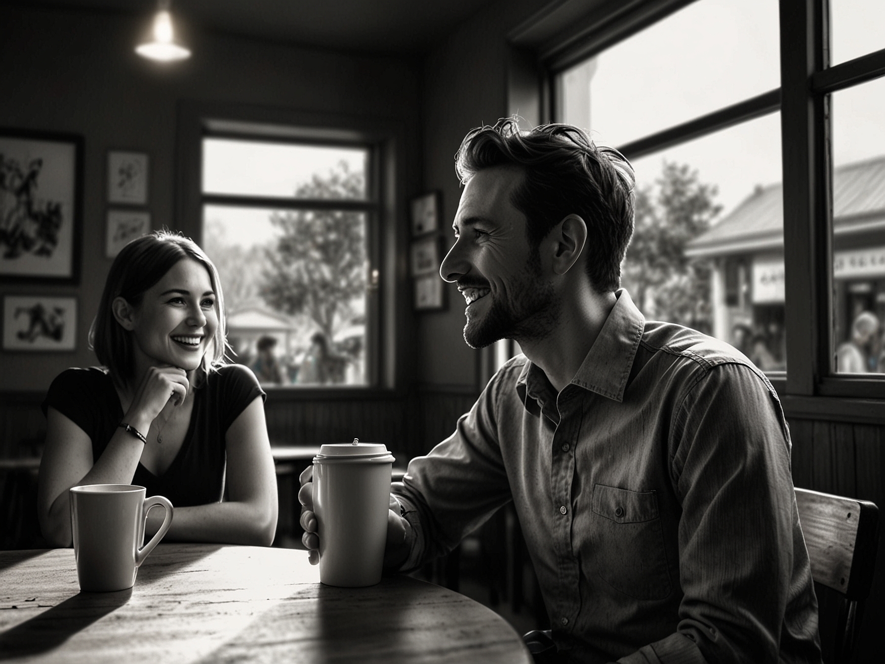 Two people engaged in a deep conversation in a café, their expressions indicating joy and empathy, sharing stories and perspectives that enrich their lives.