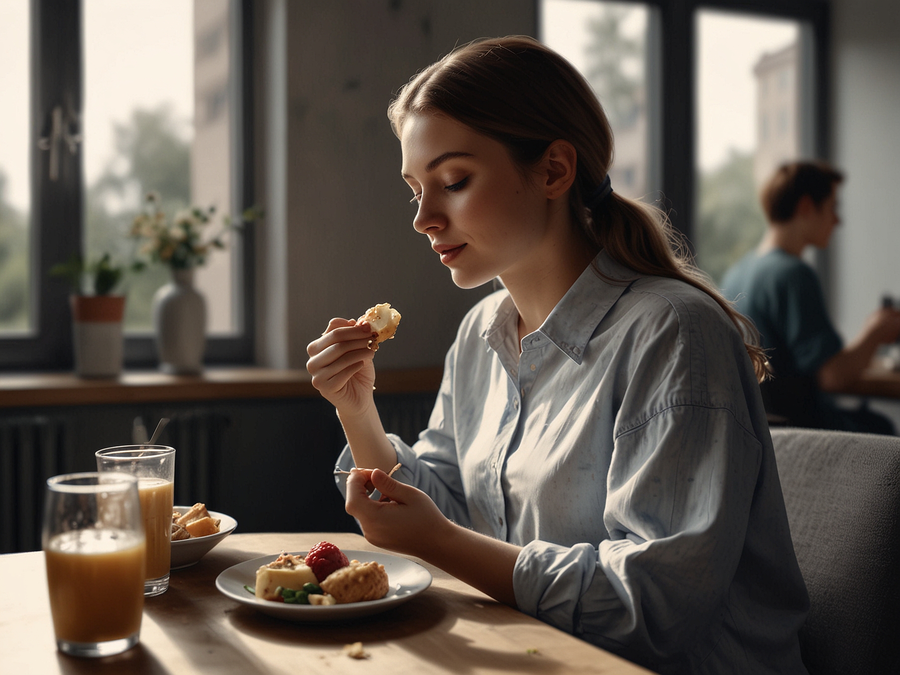 A serene scene of a person enjoying a balanced meal, emphasizing the role of nutrition and a healthy lifestyle in achieving beautiful skin.