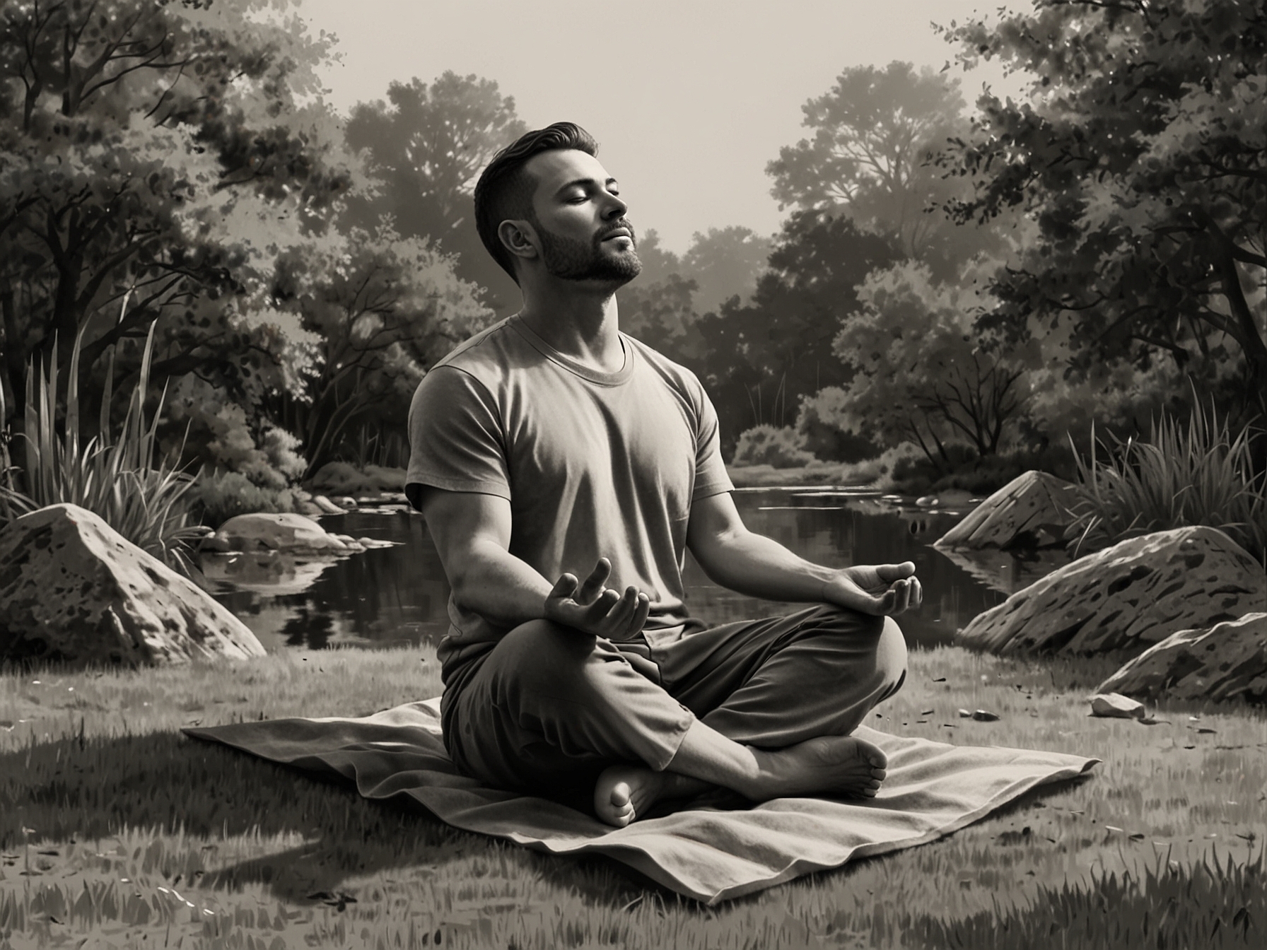 A relaxed individual meditating in a peaceful environment, illustrating how positive thinking and stress management contribute to healthier skin.