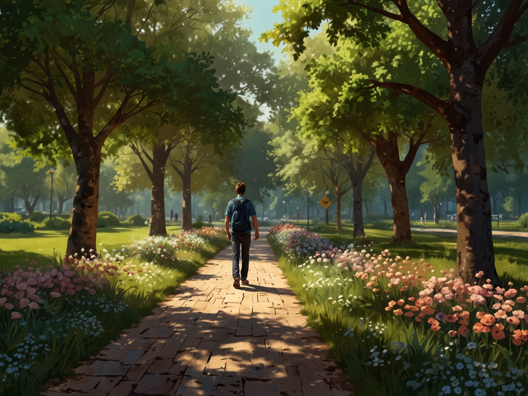 An individual walking leisurely through a park, admiring blooming flowers and lush greenery, evoking the sense of connection to nature and its beauty.