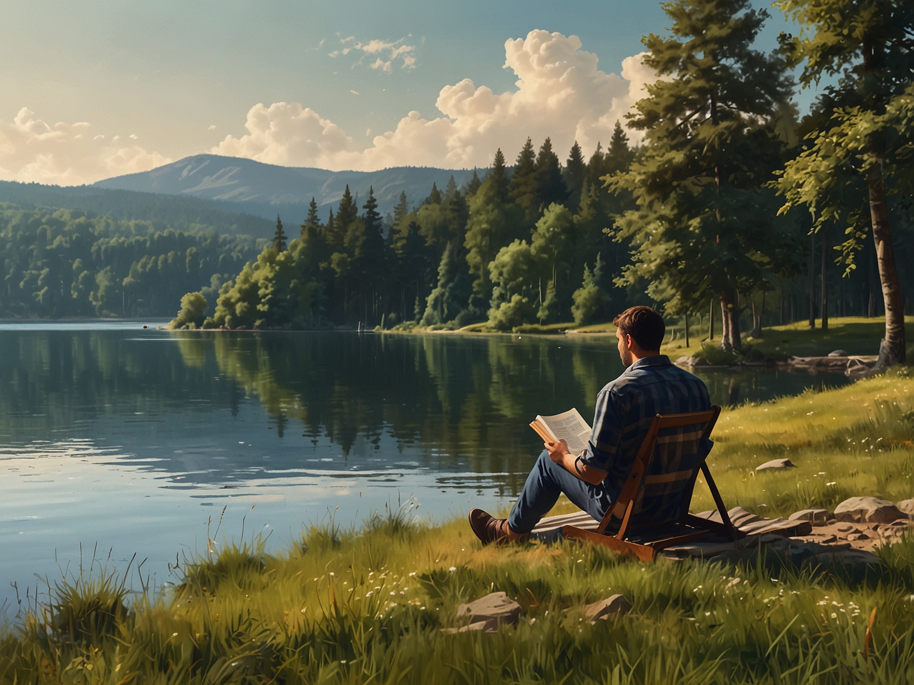 A serene lakeside view with gentle waves lapping at the shore, accompanied by a person reading a book, illustrating moments of relaxation and introspection.