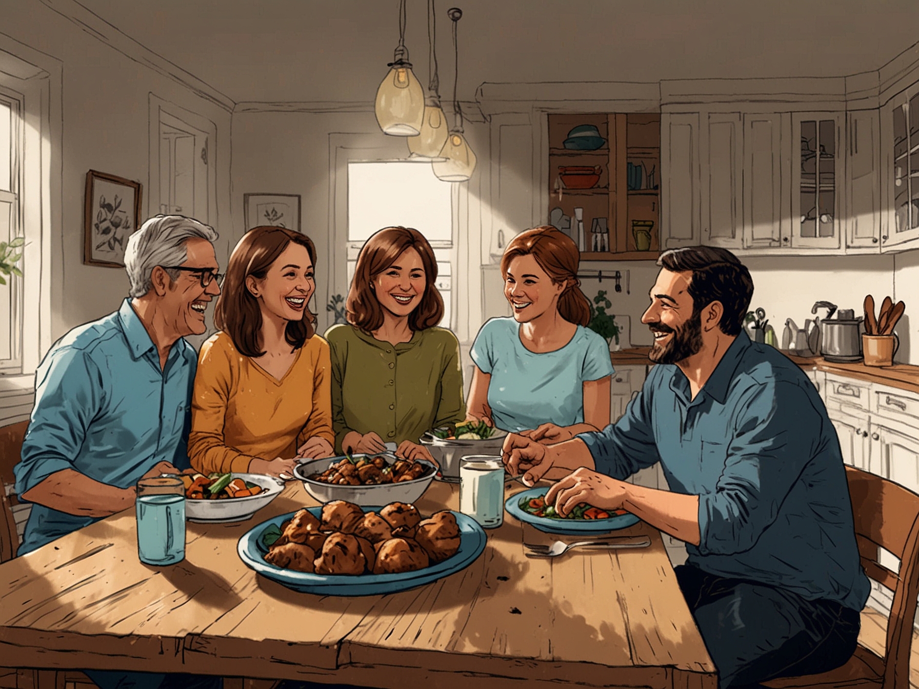 A family gathered around a dining table filled with delicious home-cooked food, each person smiling and sharing laughter, showcasing the happiness in togetherness.