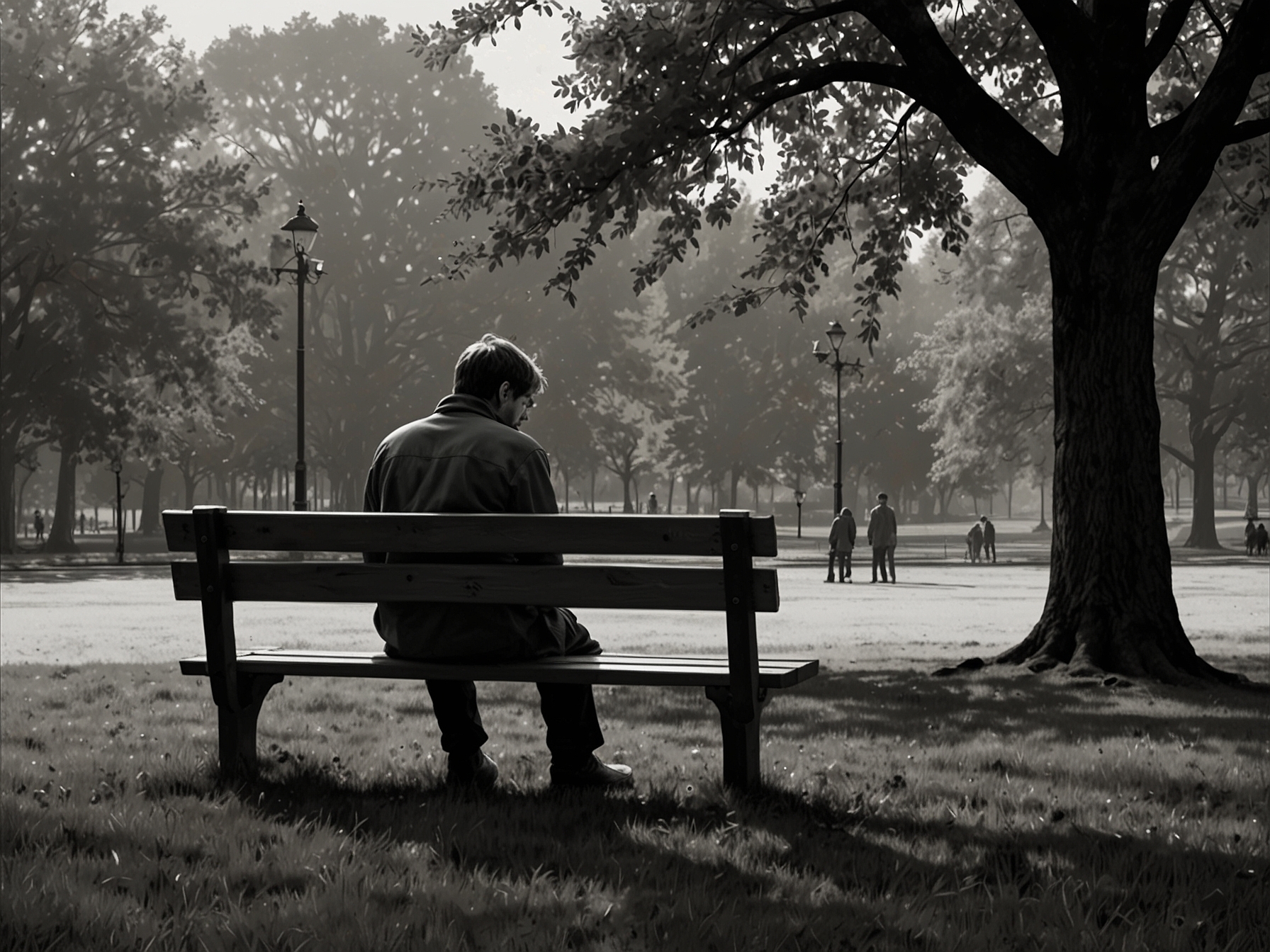 A person sitting alone in a park, deeply immersed in thought, illustrating the solitude that can accompany life's challenges and the importance of sharing feelings with others.