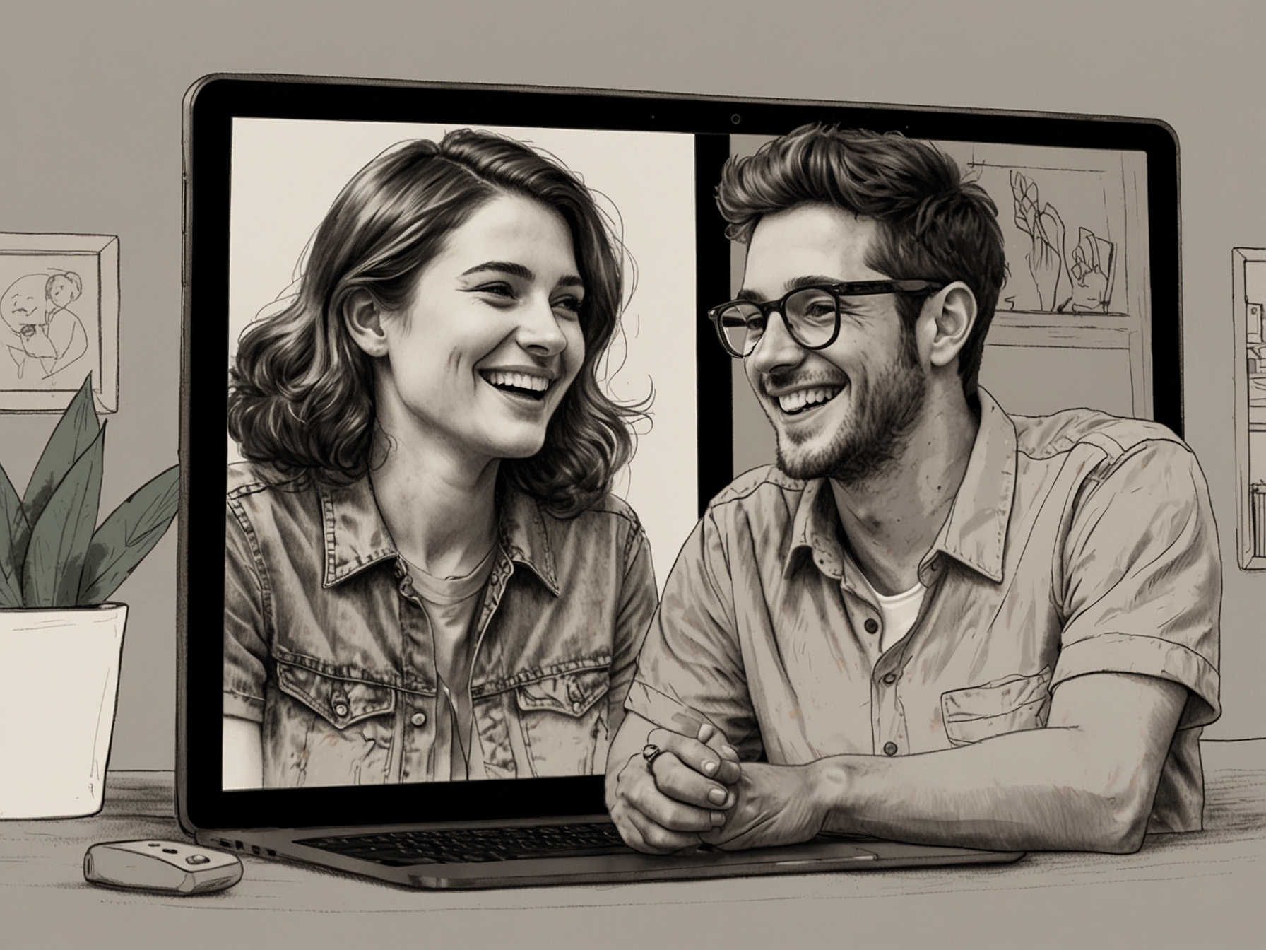 Two friends on a video call, smiling and listening to each other, highlighting the modern way of connecting and sharing experiences, despite physical distances.