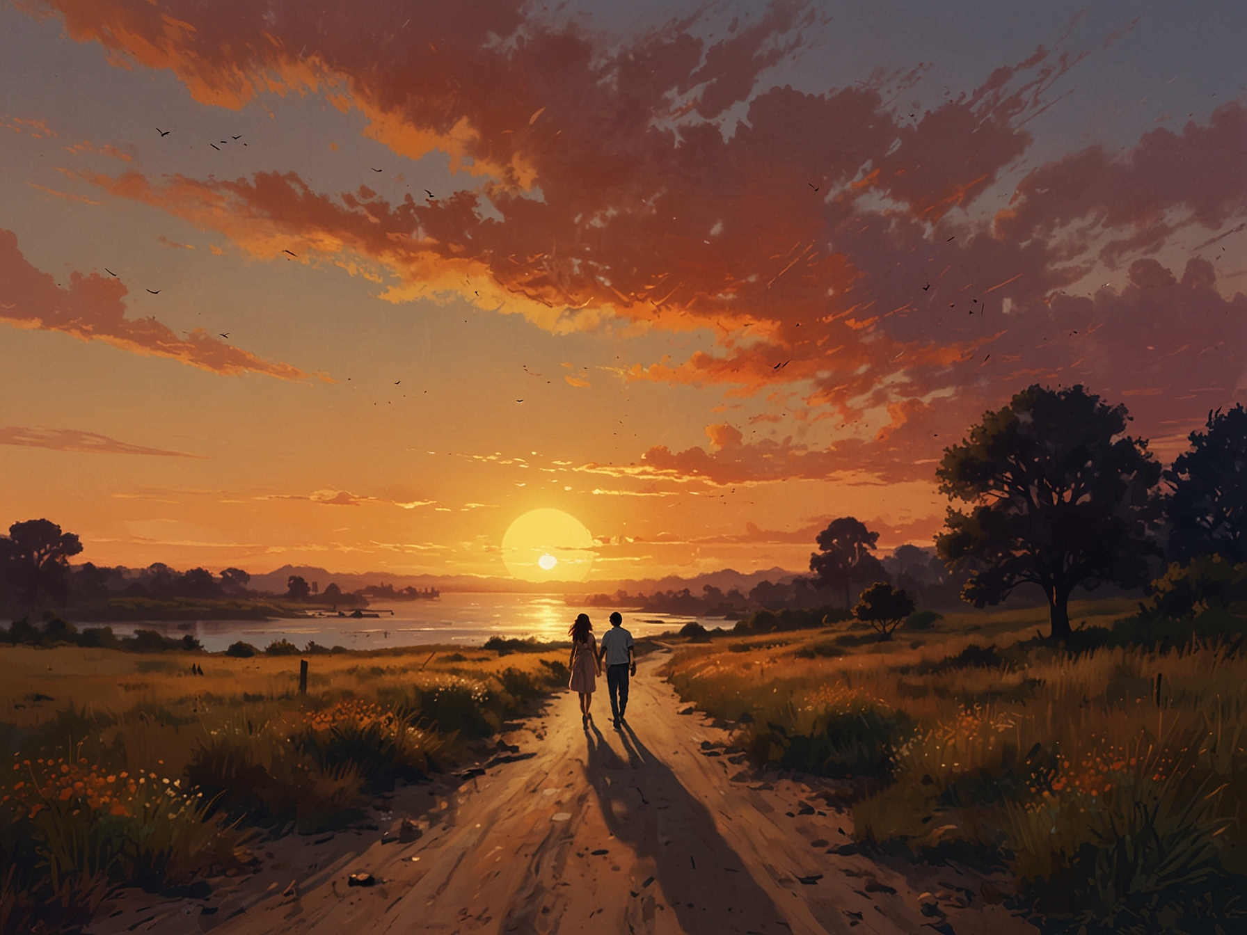 A sunset scene with two people walking side by side, engaging in conversation, reminding us of the beauty in sharing dreams and aspirations with someone we trust.