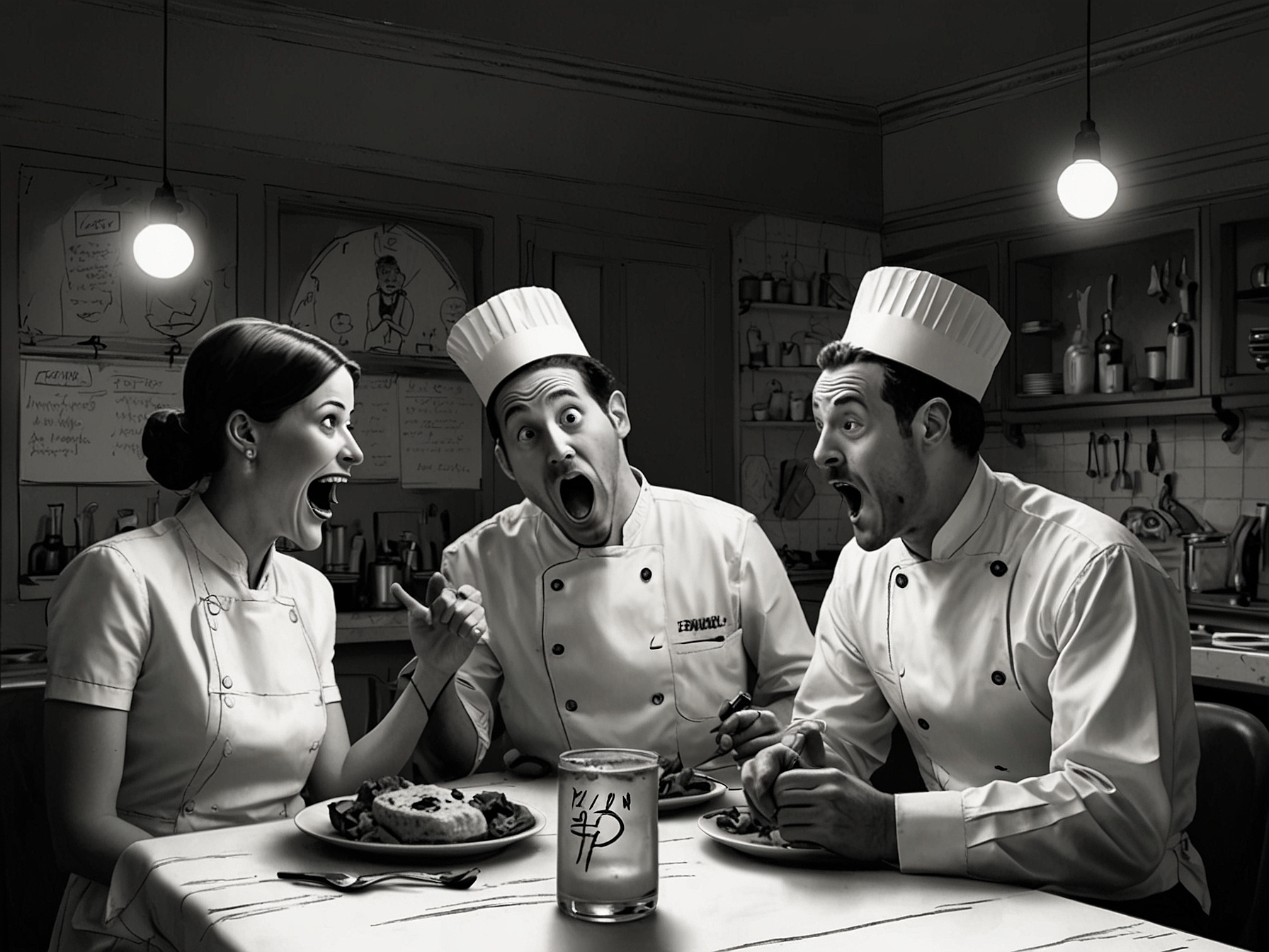 A humorous scene from 'The Menu,' where characters react to bizarre culinary creations, blending comedy with social satire about dining experiences and expectations.