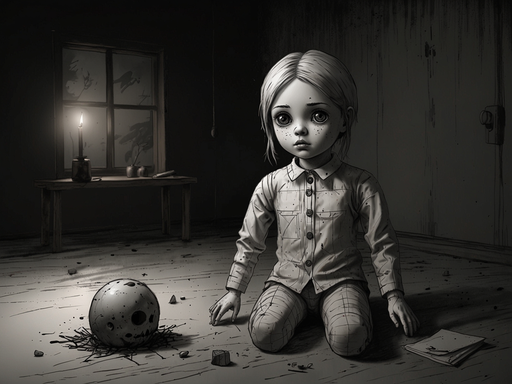 A chilling moment from 'M3GAN,' illustrating the eerie AI doll in a suspenseful scenario, emphasizing themes of friendship and loyalty amidst horror and unexpected twists.