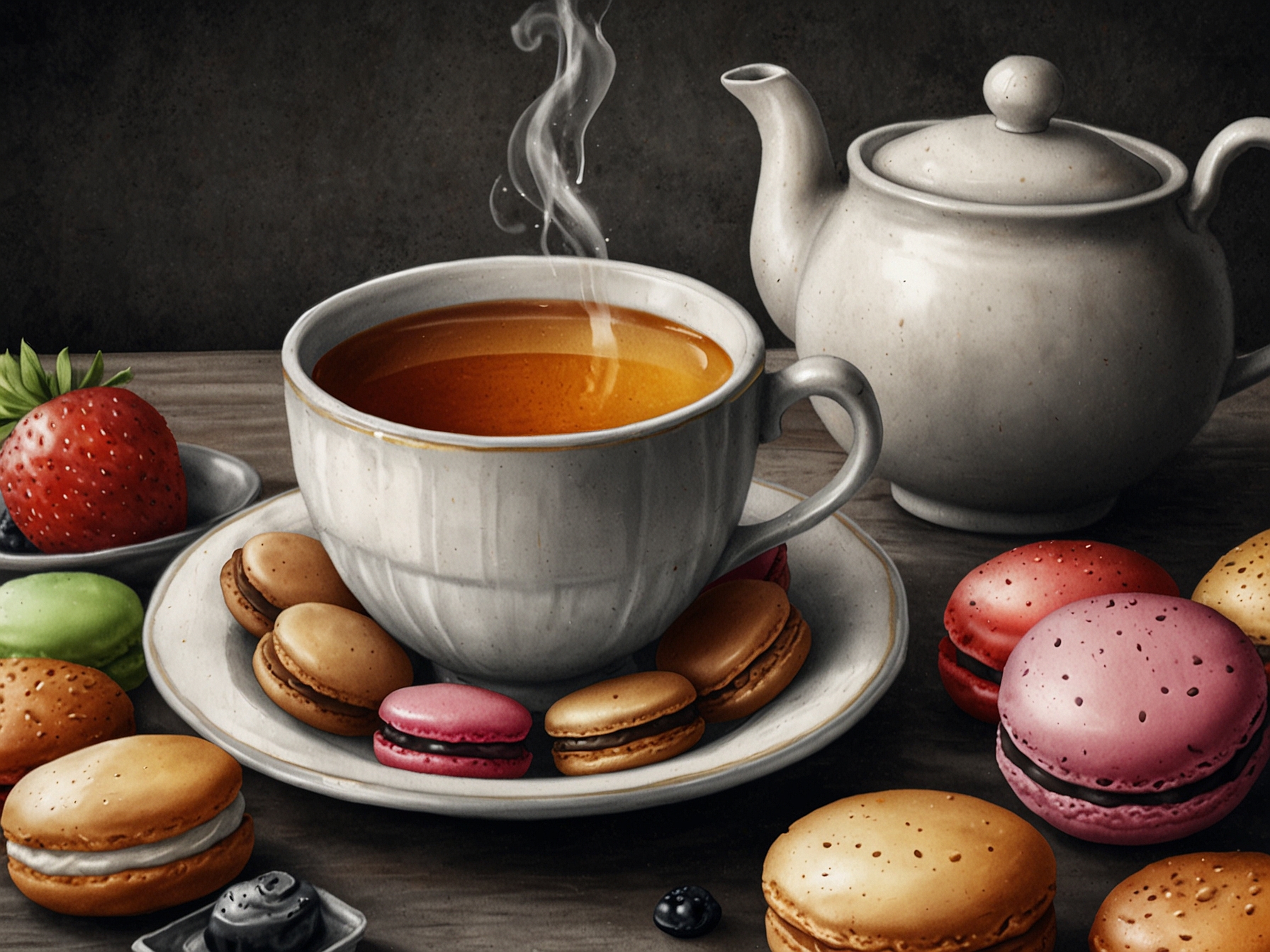 Close-up of a delicate tea cup filled with rich black tea, surrounded by assorted sweet treats like scones and macarons, showcasing the delightful pairing of flavors.